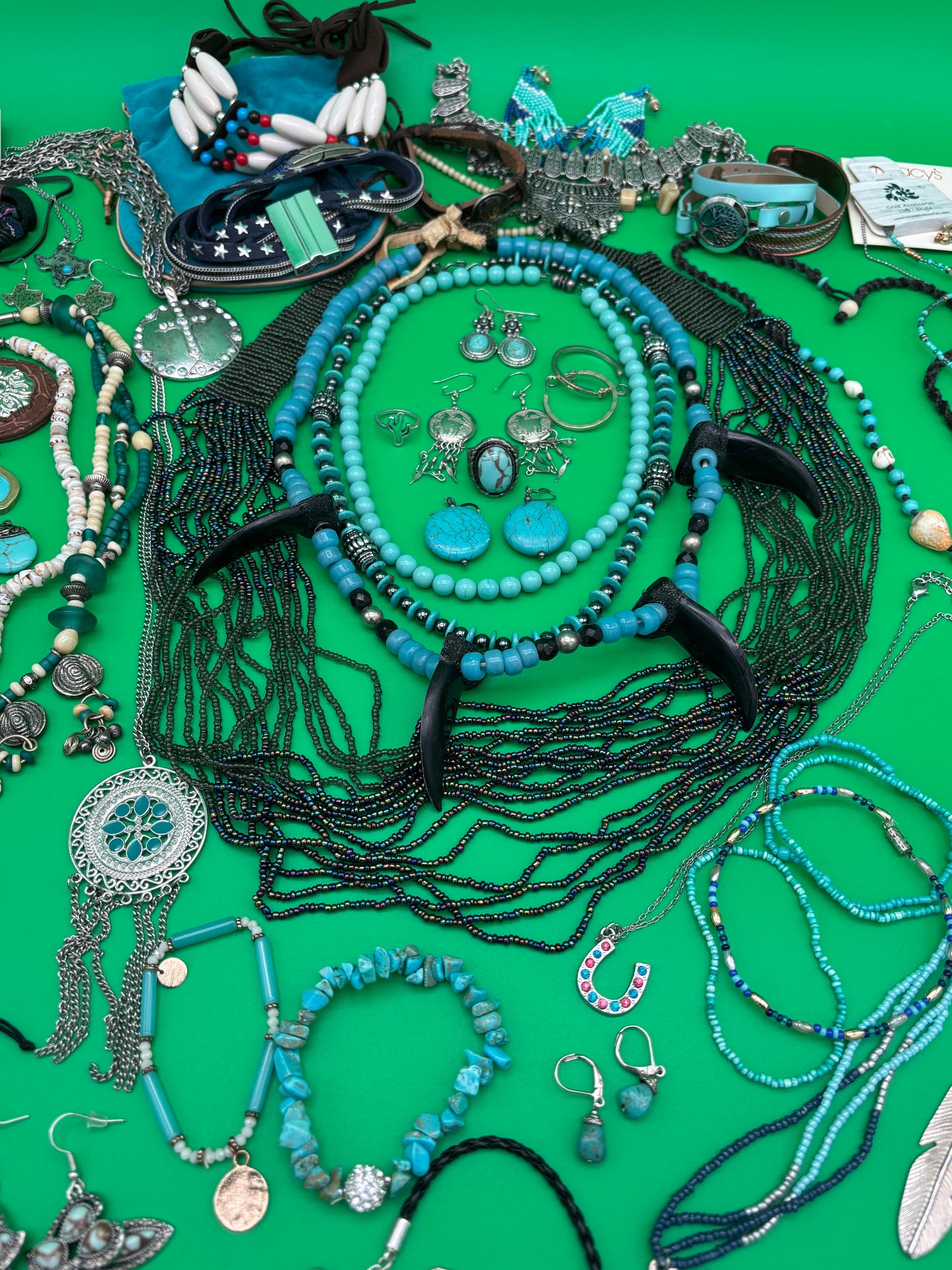 Large Boho Southwestern Jewelry Lot Turquoise Tribal Silver Tone Statement Necklaces Bracelets