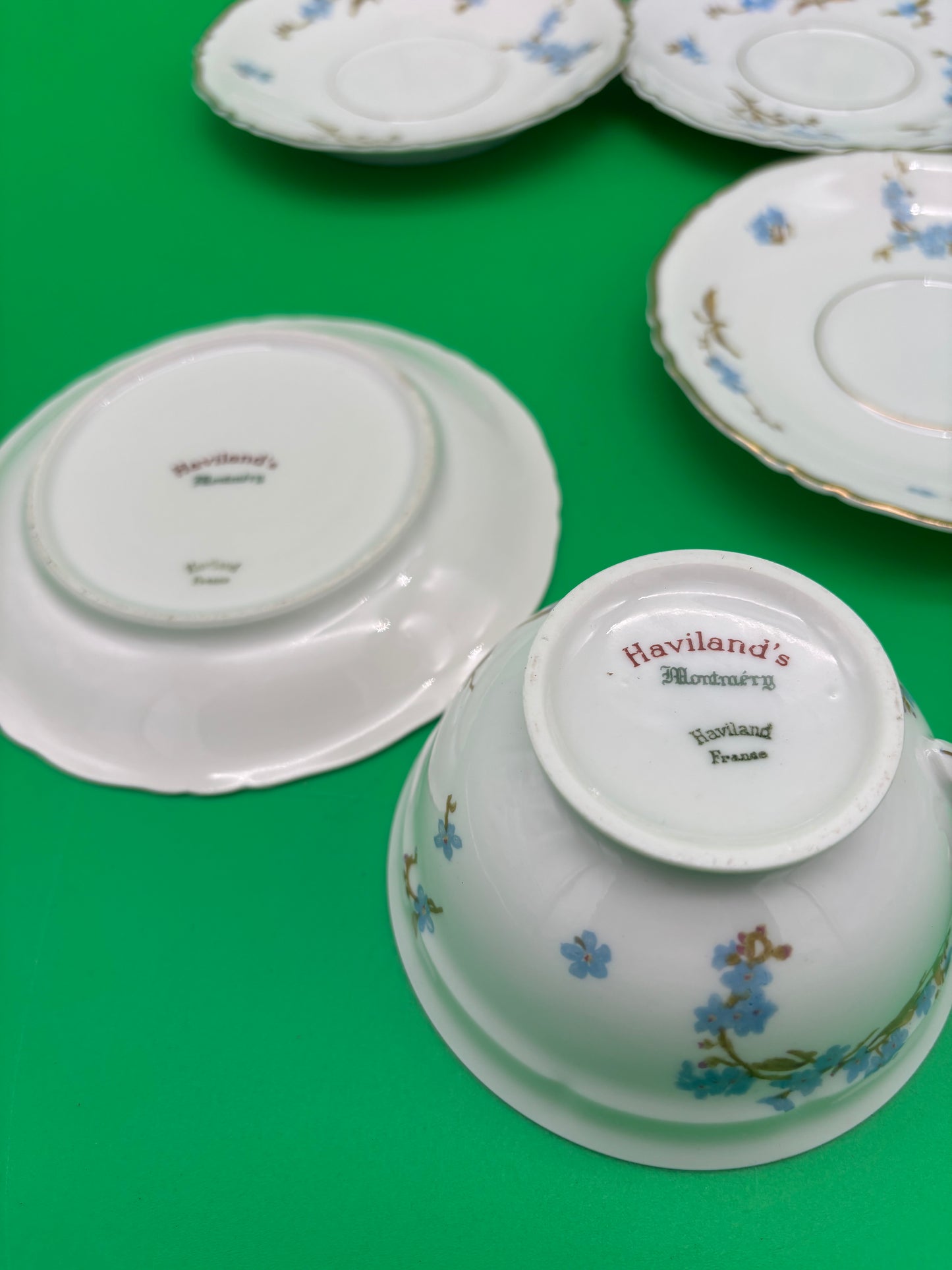 Antique Haviland Limoges France Tea Cup & Saucer Set – Blue Floral, Gold Trim (8-Piece Set)