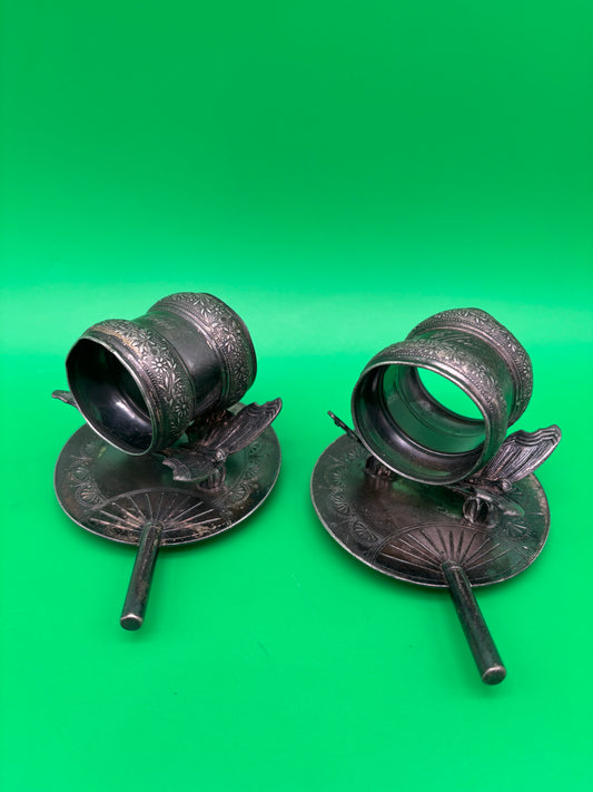 Antique Victorian Silverplate Figural Butterfly Napkin Rings Pair Art Nouveau