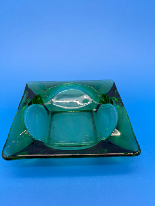 Vintage MCM Emerald Green Square Glass 4 Slot Ashtray