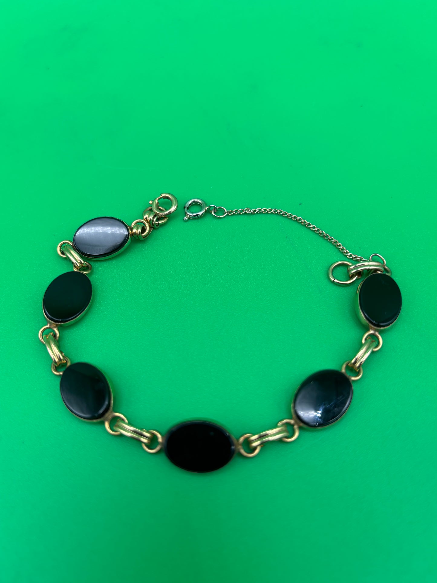 Art Deco 1/20 12K Gold Filled Black Onyx Oval Cabochon Link Bracelet 7”