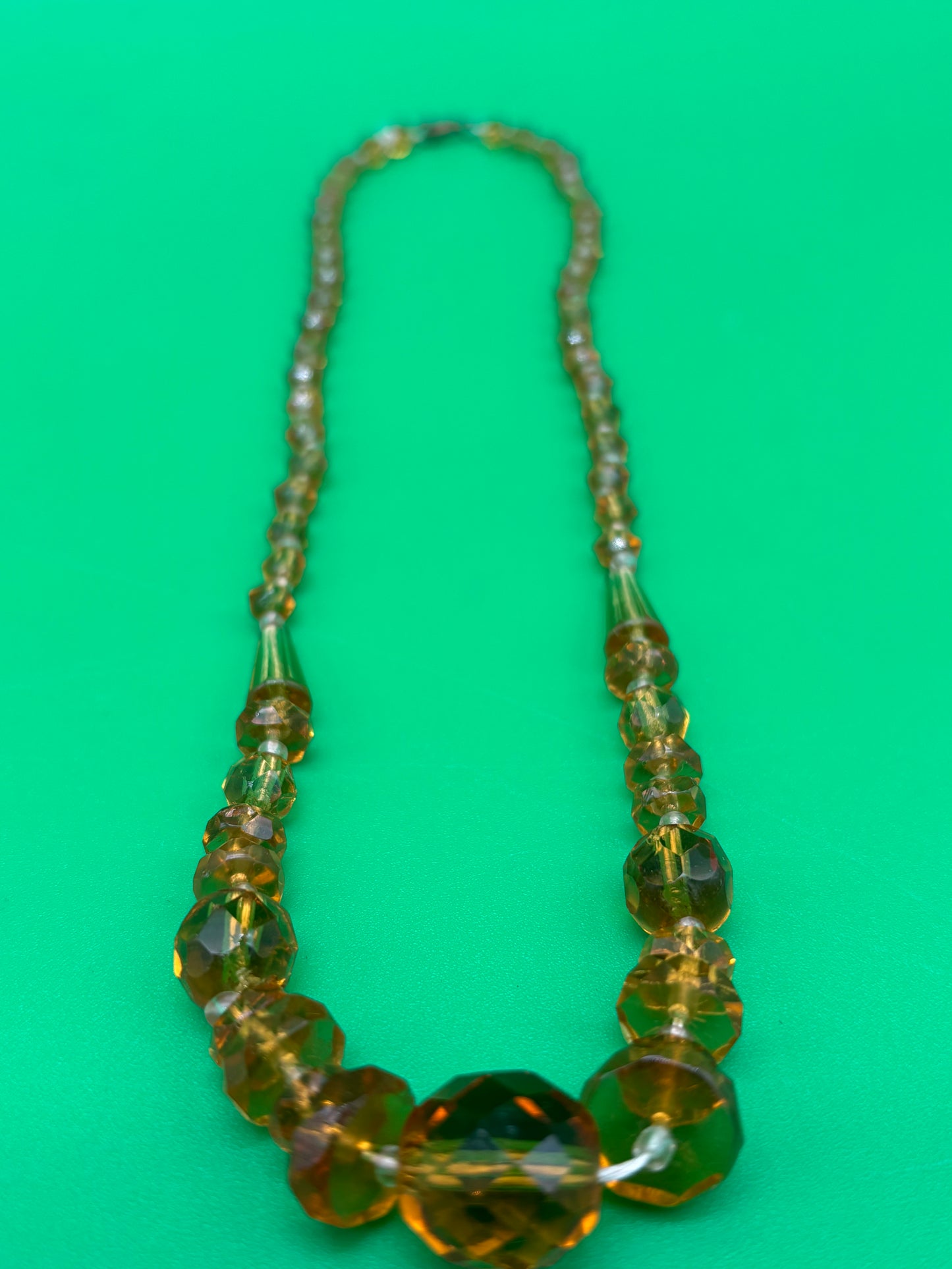 Vintage Amber Topaz Faceted Glass Bead Necklace Graduated Estate Jewelry 16”