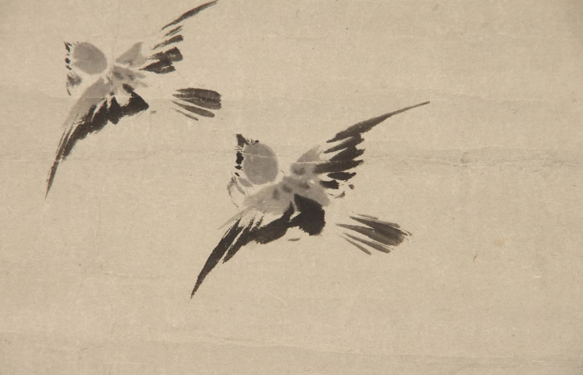 Kano Eigaku Japanese Edo Hanging Scroll Sparrows Morning Sun Signed Sealed Box