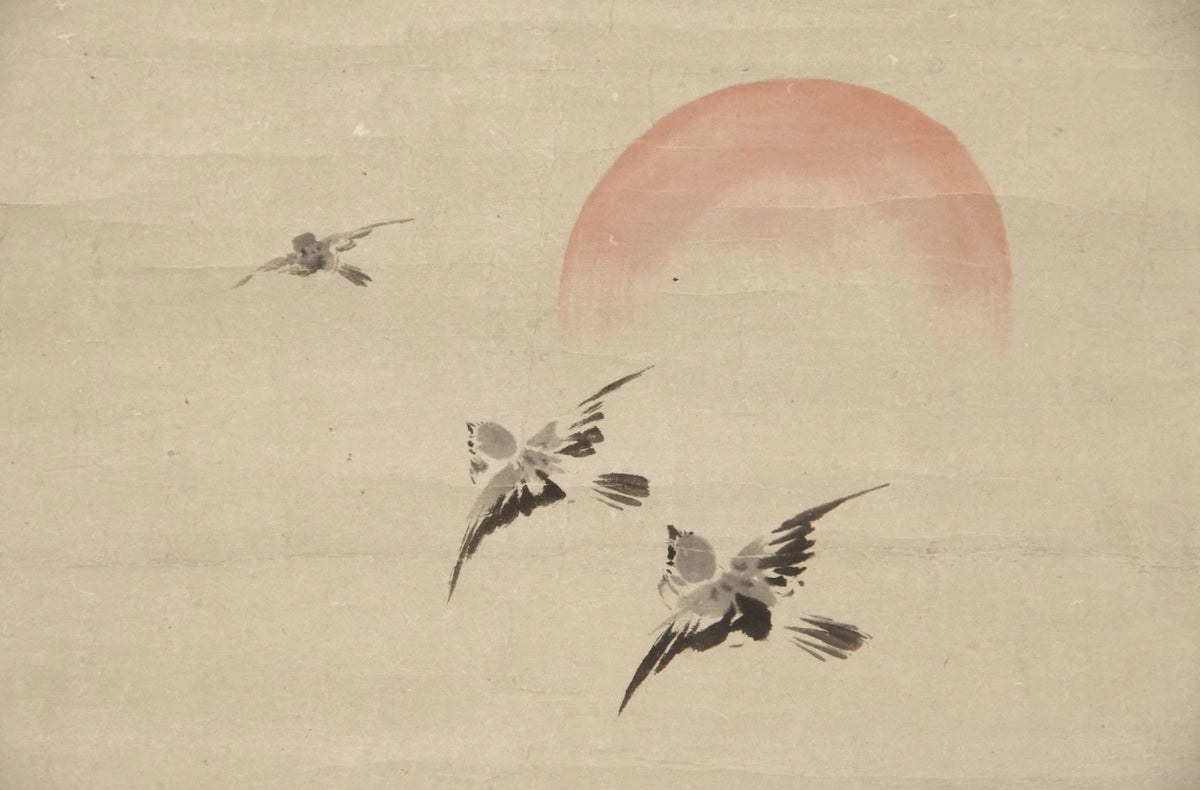 Kano Eigaku Japanese Edo Hanging Scroll Sparrows Morning Sun Signed Sealed Box