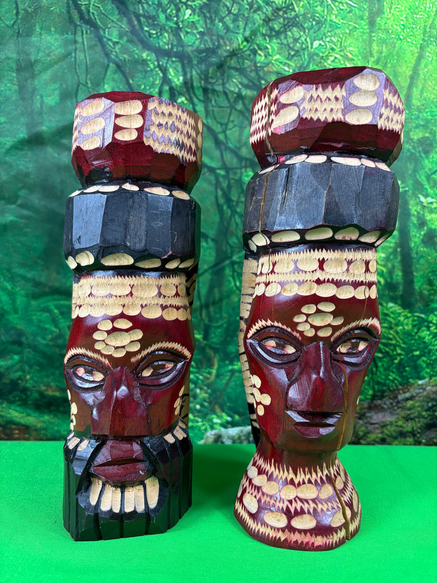 Genuine Hand Carved Jamaican Wooden Tiki Totem Head Figurines Tiki Décor Pair