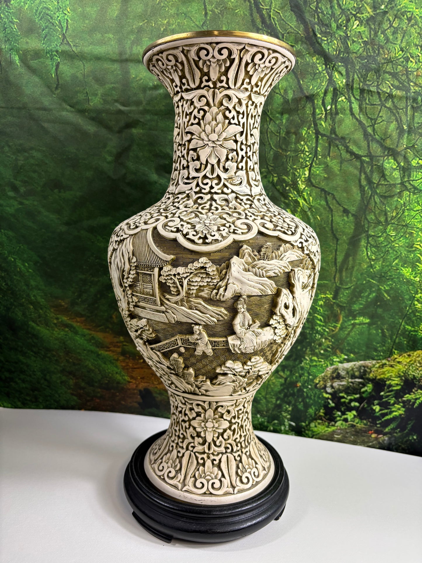 A Fabulous Chinese Cinnabar Intricate Asian Relief 15 Inch Vase W/Wood Stand/Base