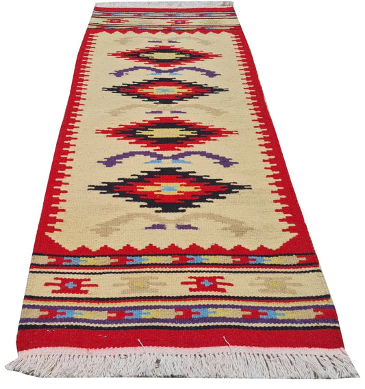 Vintage Southwestern Wool Runner Rug Navajo Style Handwoven Red Cream Tribal Hallway Rug 3.3’ x 1.4’