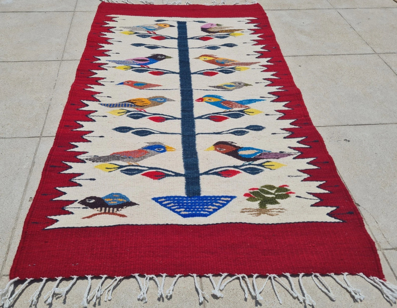 Vintage Hand Knotted Kilim Wool Area Rug Red Bird Tree Design Tribal Folk Art Rug 3.2’ x 1.1’