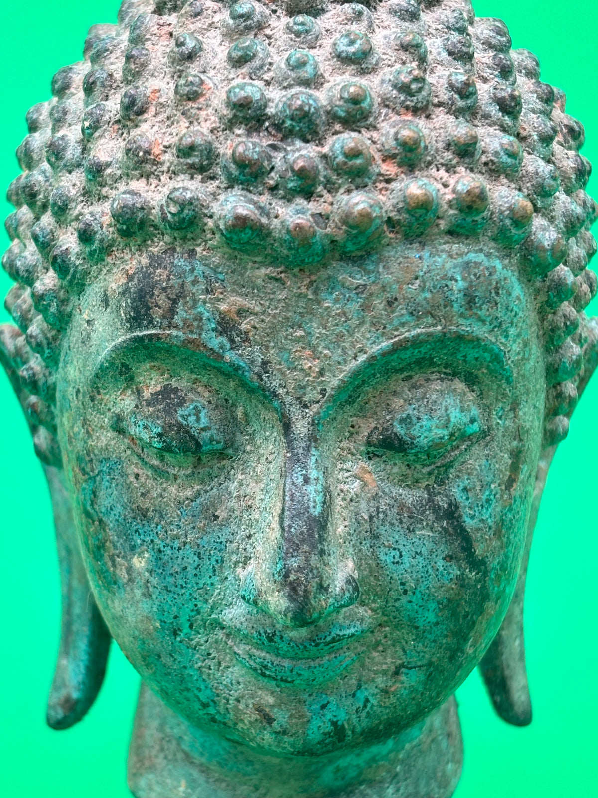 Vintage Thai Bronze Buddha Head Sculpture Flame Ushnisha Patina Wood Stand