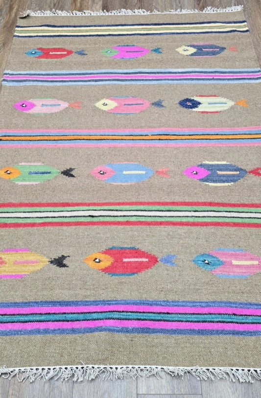 Turkish Bohemian Rug, Tree Of Life, Fish Design Turkish Rug,Hand Made 4x6 Ft