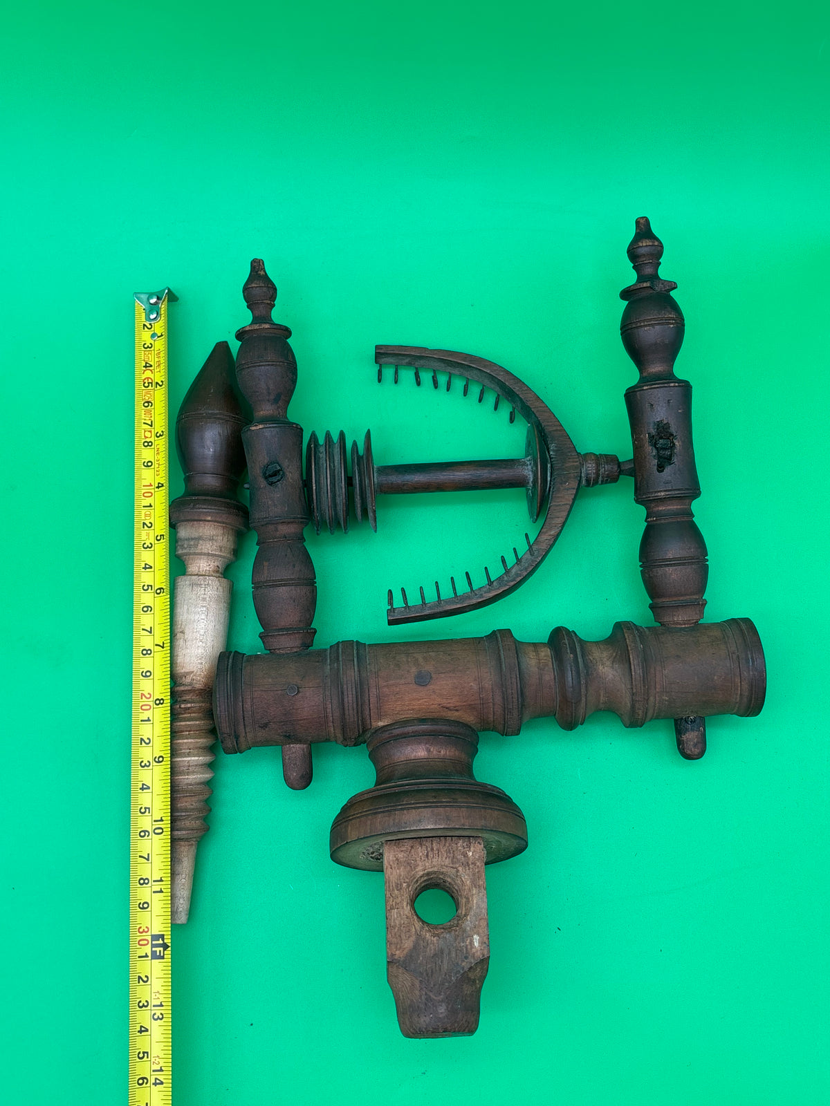 Antique Wooden Spinning Wheel Parts Flyer Bobbin Whorl Maidens Textile Tool Lot