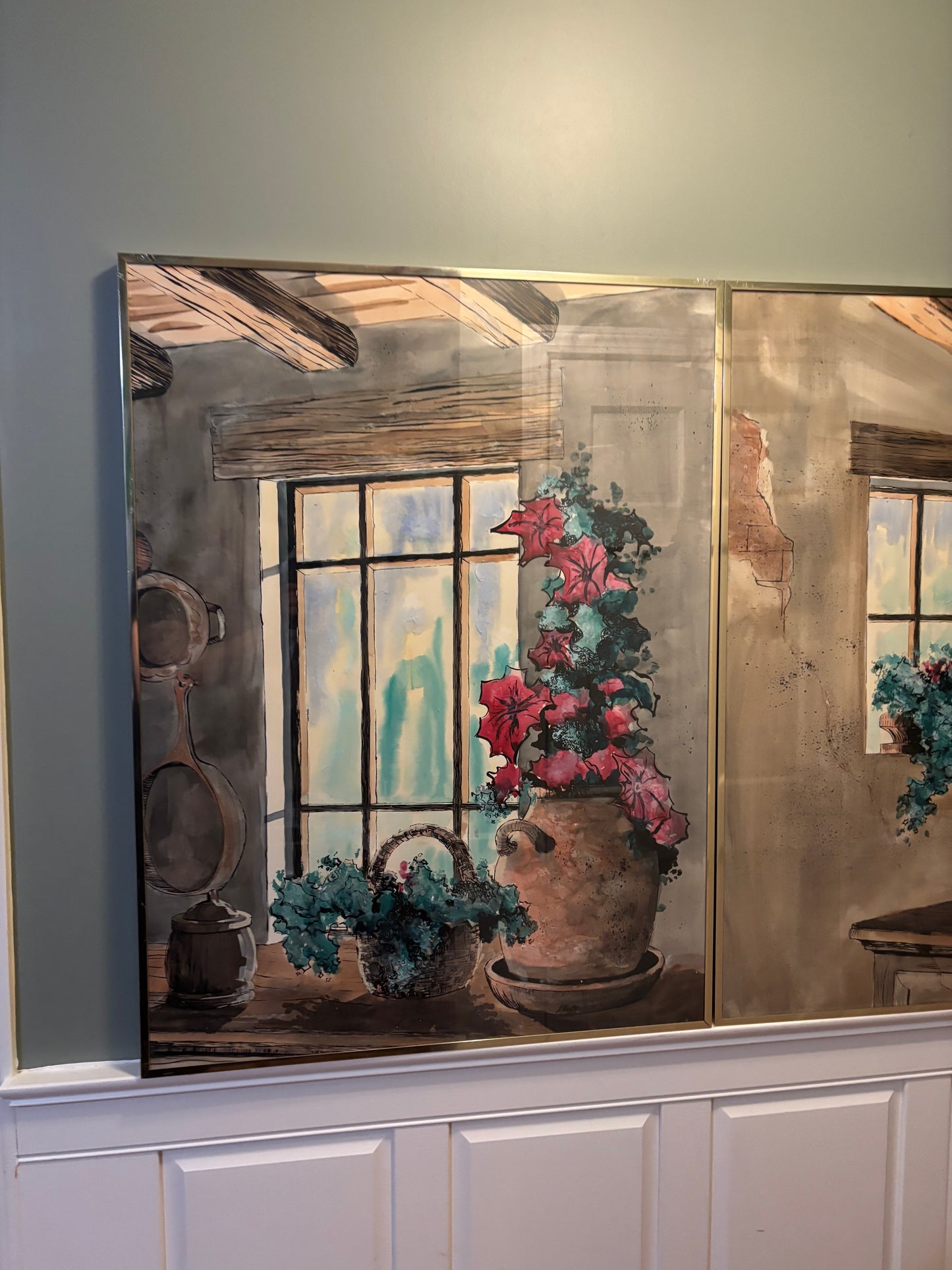 Vintage Antique Glass Frame Canvas Painting "Country Window" by Artist Alberto