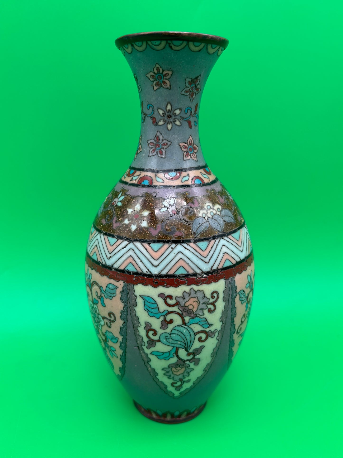 Antique Meiji Japanese Goldstone Cloisonne Enamel Pastel Floral Vase 7 1/4”