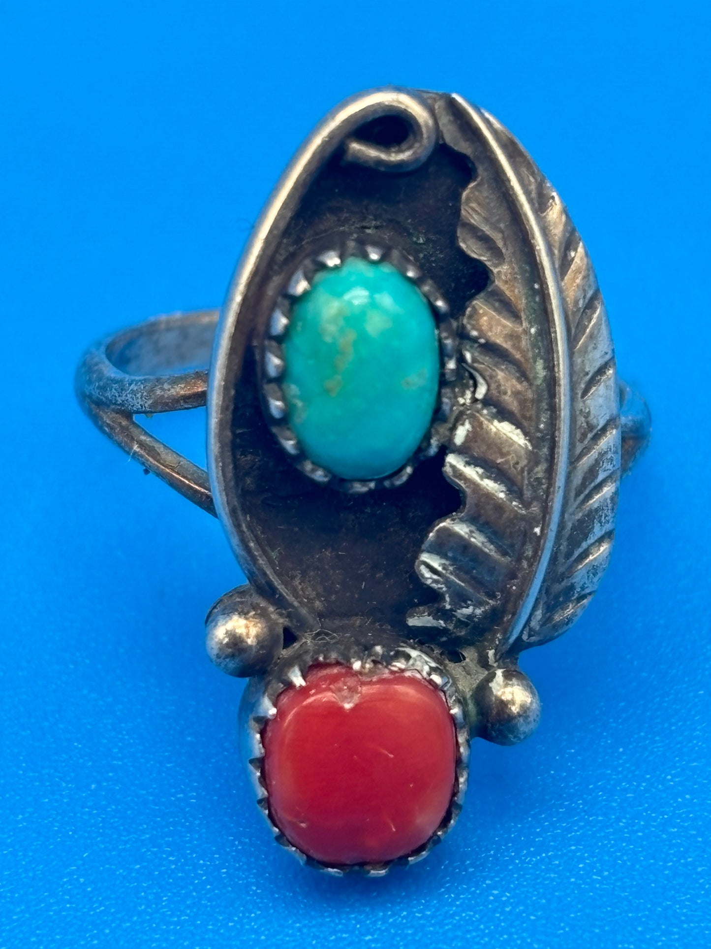 VTG Henry Mariano HM Navajo Sterling Silver Turquoise Coral Ring Size 8