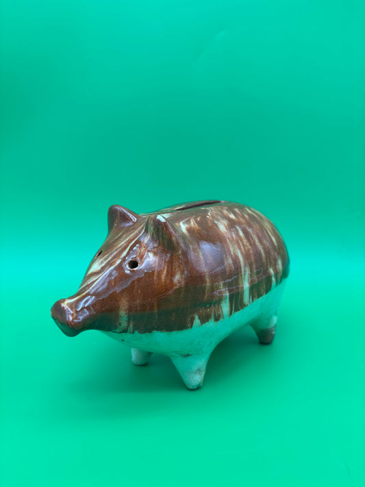 Antique Vintage Yellowware Piggy Bank Stoneware Mocha Drip Glaze Hole Eyes