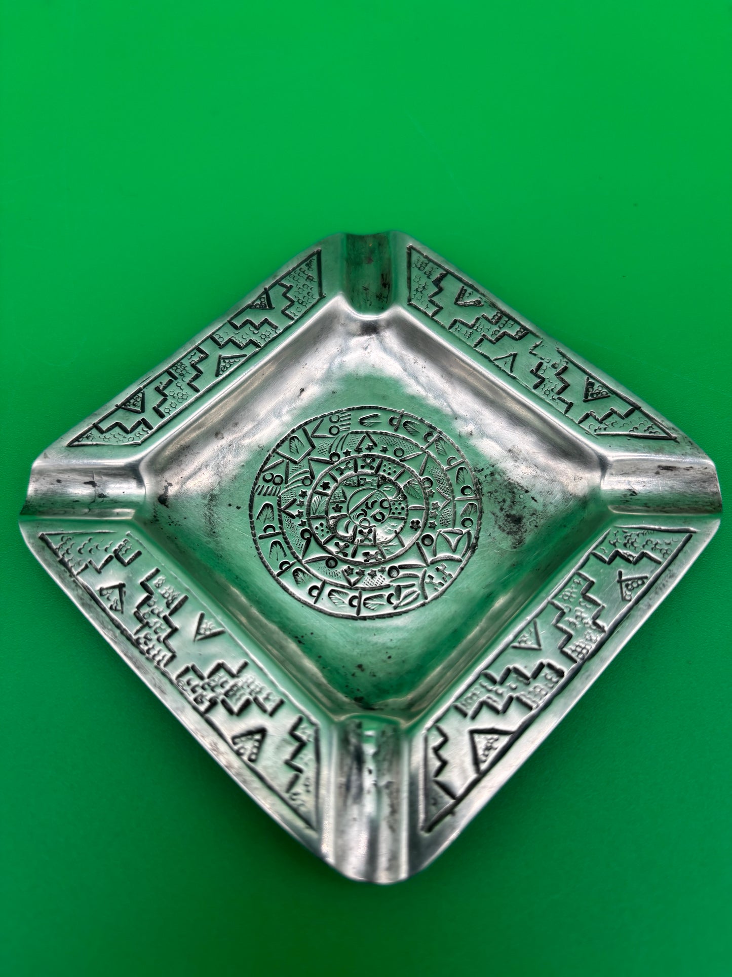 Vintage Mexico 900 Silver Ashtray Aztec Calendar Stamped Design 38g 3.25”