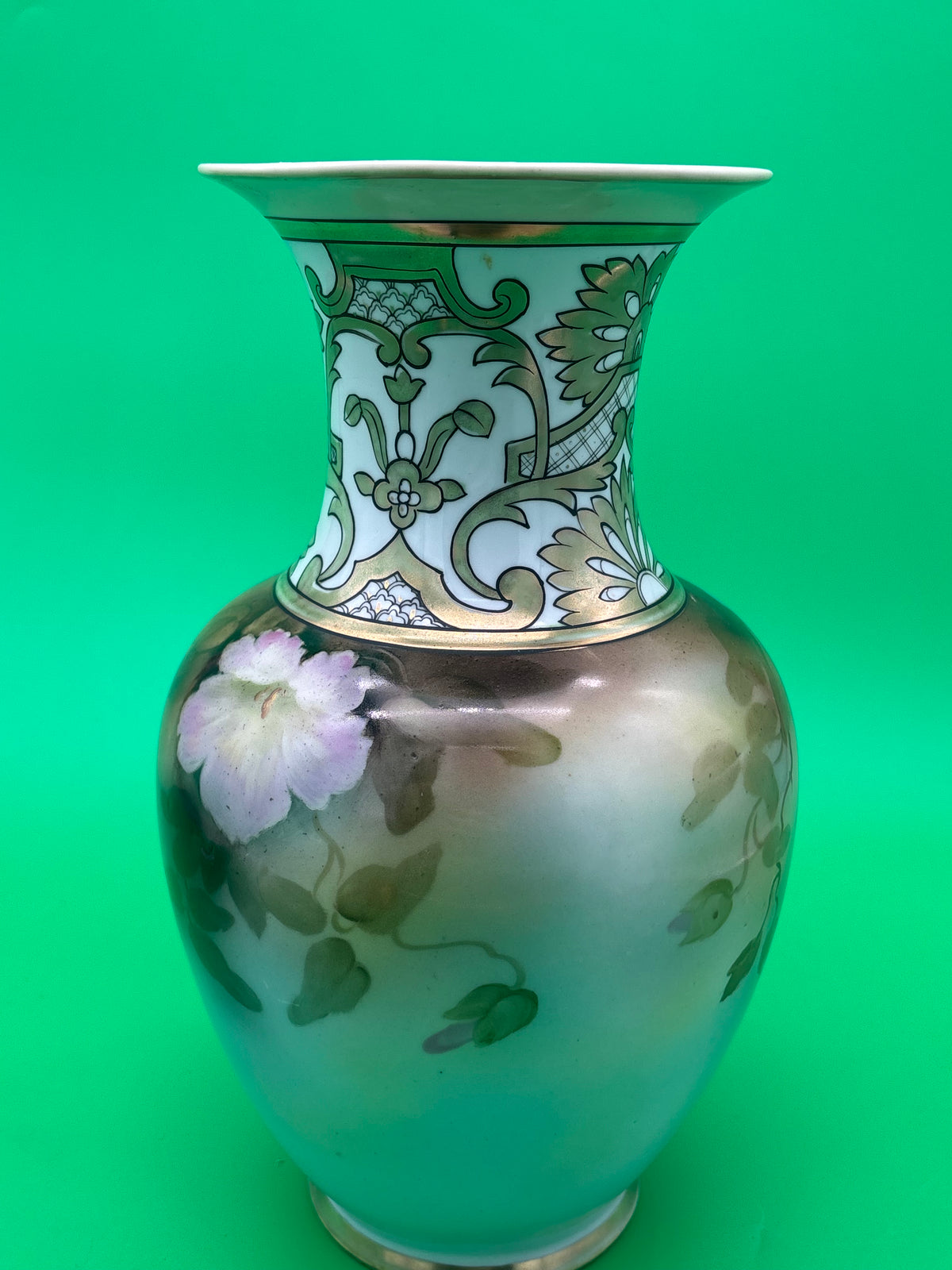Vintage Noritake Hand Painted Japan 11” Floral Vase Pink Flowers Gold Gilt