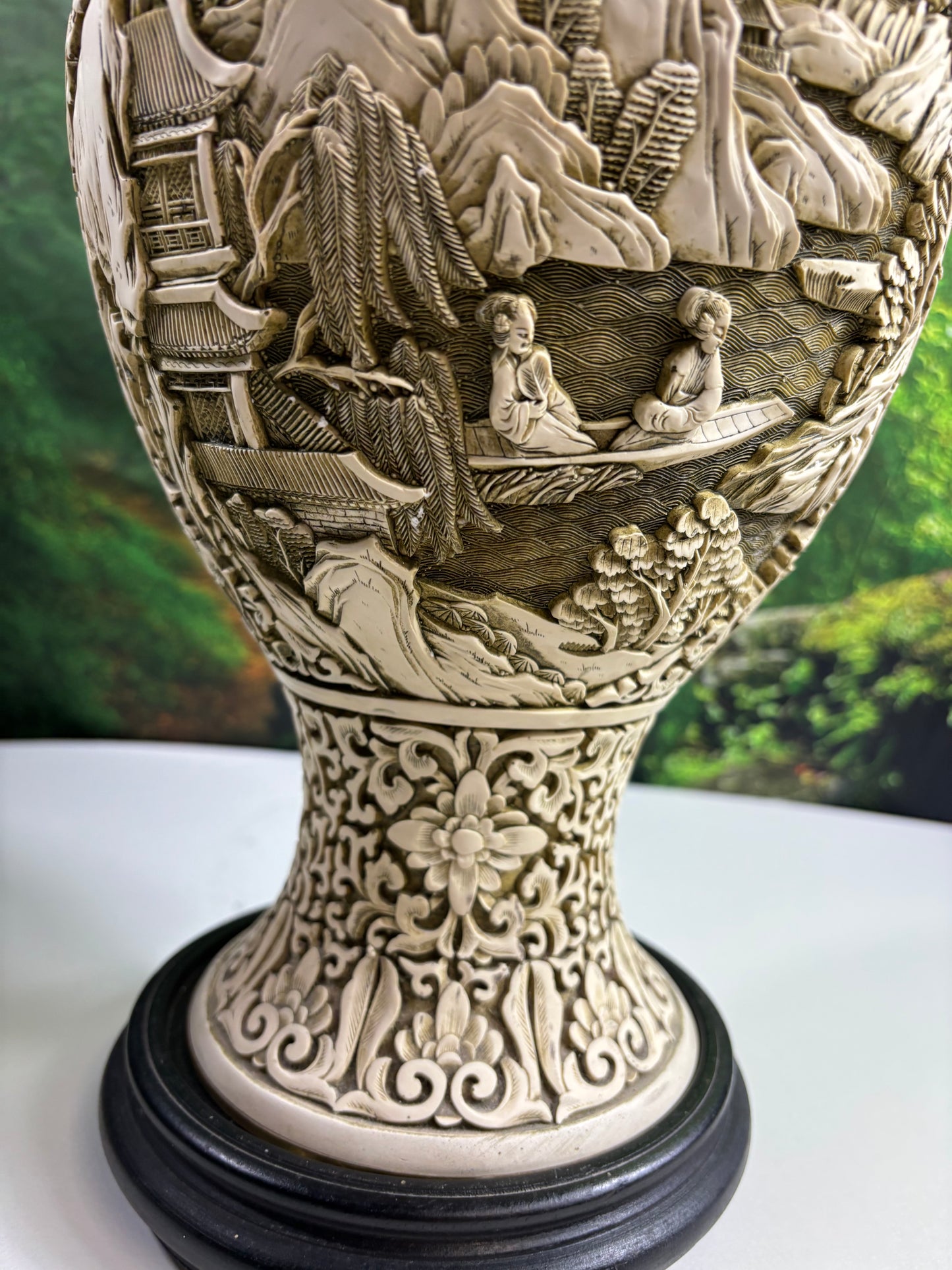 A Fabulous Chinese Cinnabar Intricate Asian Relief 15 Inch Vase W/Wood Stand/Base