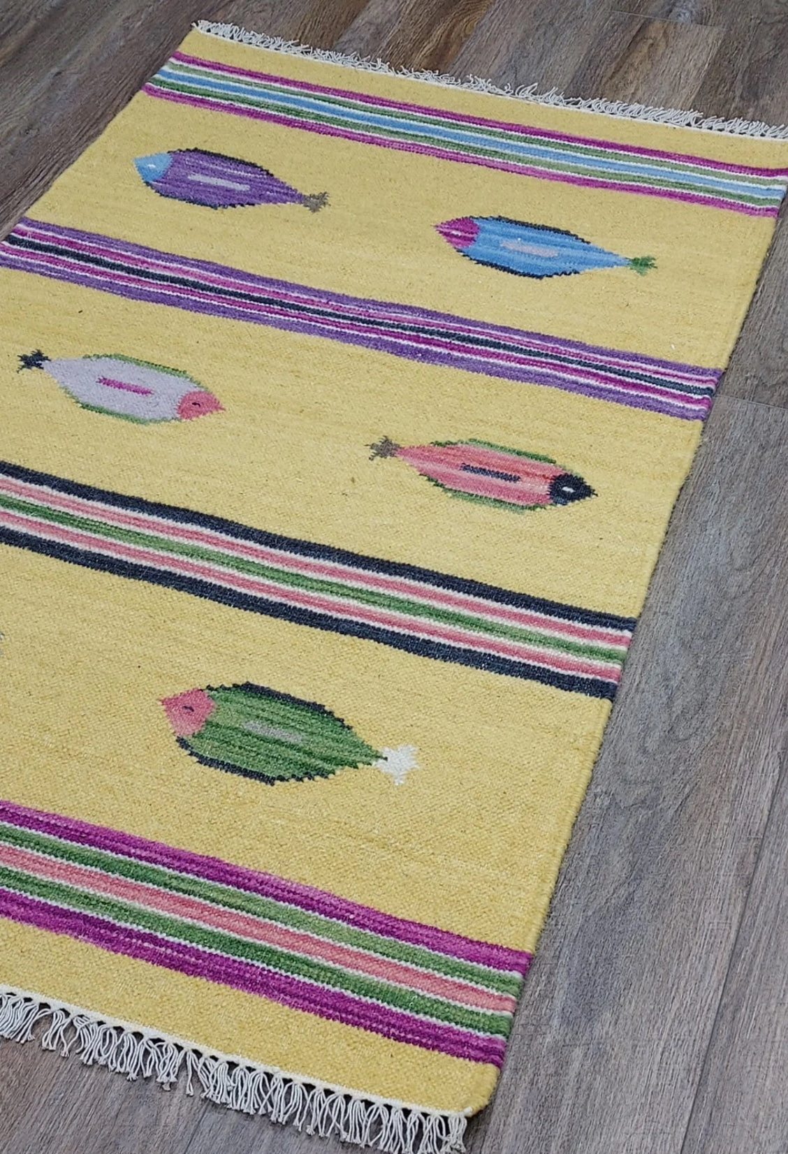 Handmade Turkish Kilim Rug 3x5 ft Bohemian Fish Design “Tree of Life” Flatweave