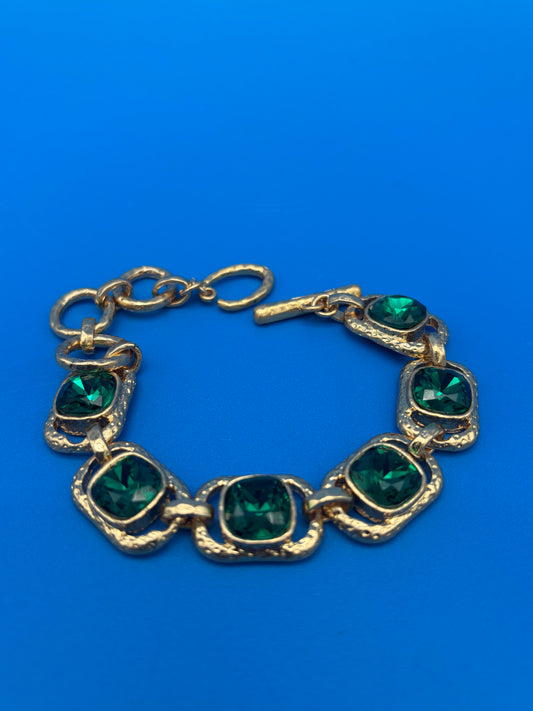 Oscar de la Renta Vintage Emerald Green Cryst Zircon Bracelet Genuine Gold Plated w/O