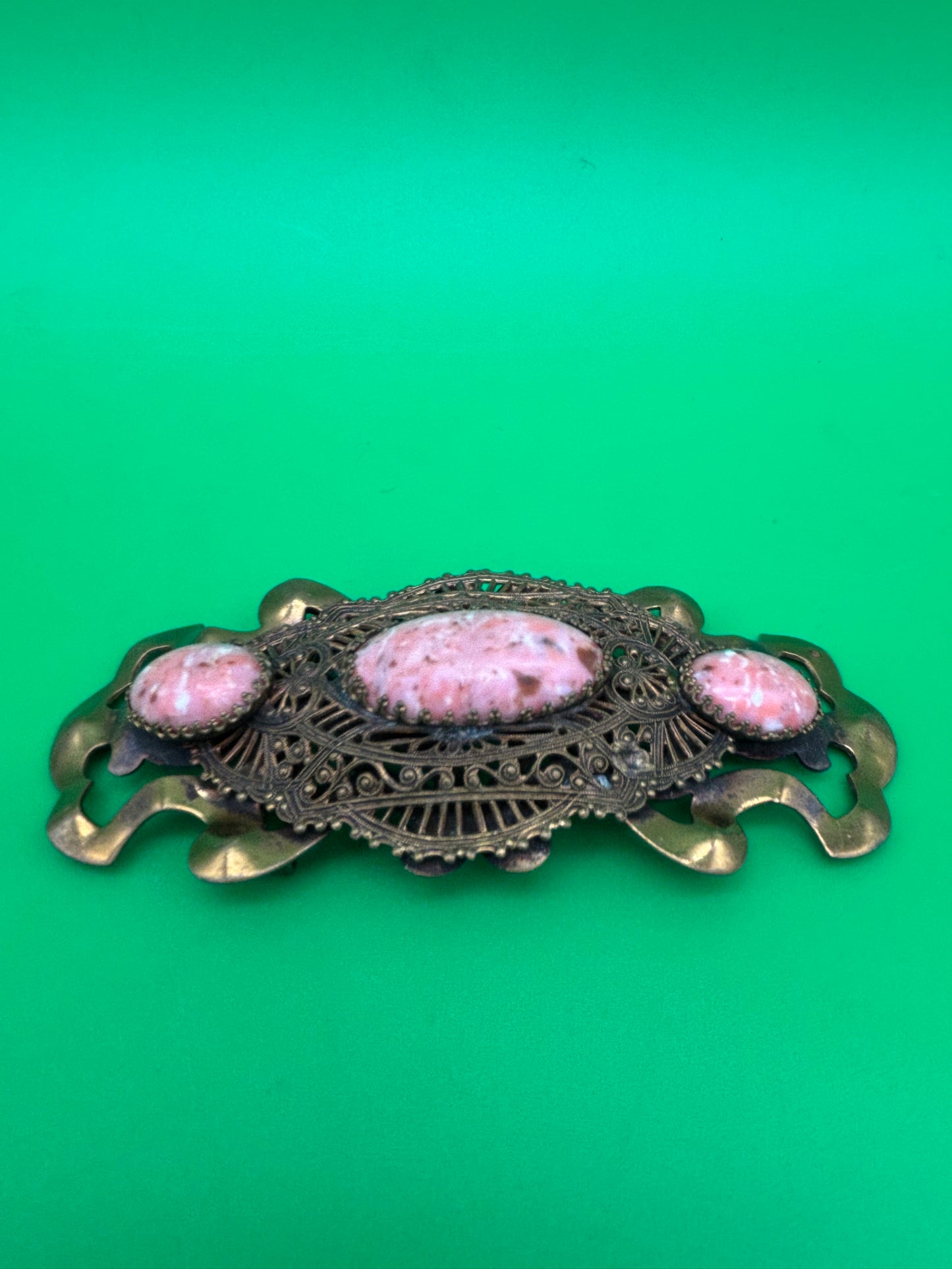 Vintage Art Nouveau Filigree Sash Pin Brooch Pink Marbled Glass Cabochons Antique Style