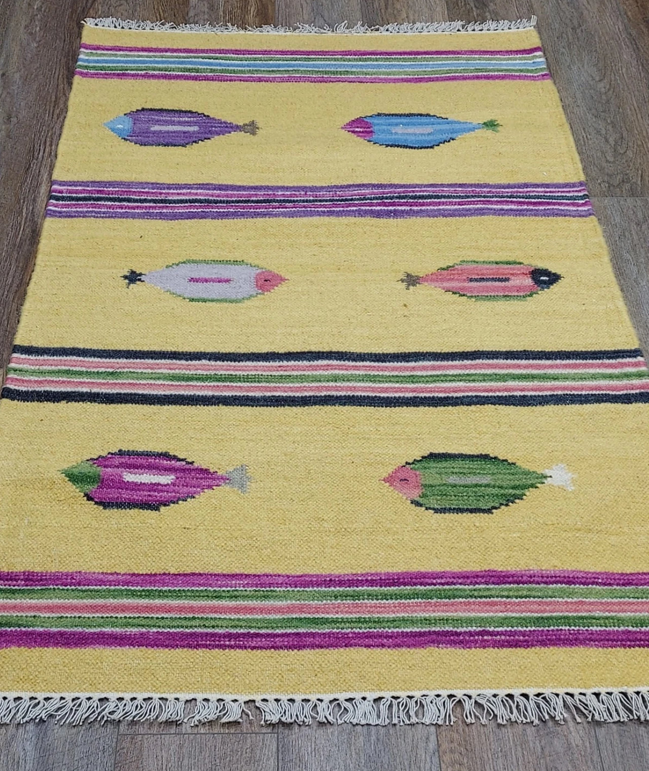 Handmade Turkish Kilim Rug 3x5 ft Bohemian Fish Design “Tree of Life” Flatweave