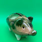 Antique Yellowware Piggy Bank Green Drip Glaze Hole Eyes Pottery Still Bank 6.5”