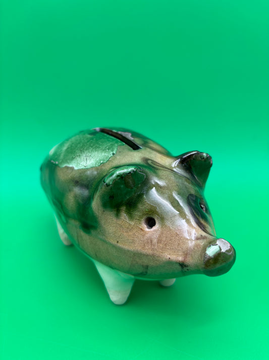 Antique Yellowware Piggy Bank Green Drip Glaze Hole Eyes Pottery Still Bank 6.5”