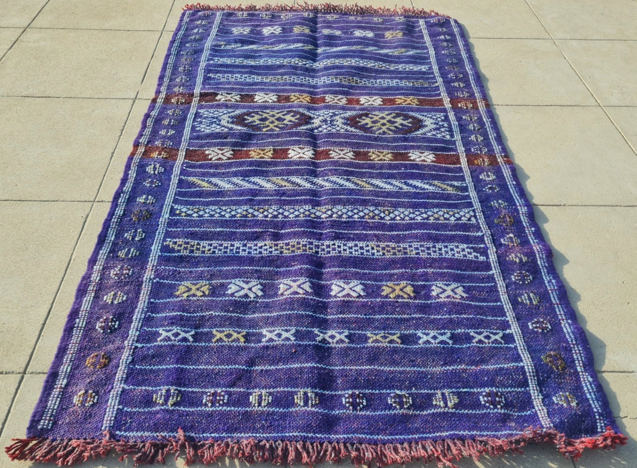 Rare Handwoven Vintage Moroccan Soumak Kilim Wool Rug – Purple Tribal Flatweave – 3’8” x 2’1”