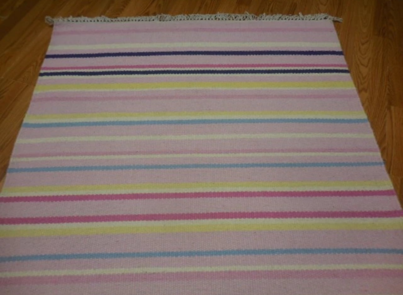 Vintage Handwoven Pastel Striped Flat Weave Rug Fringe Cottage Farmhouse Boho 6ft x 4ft