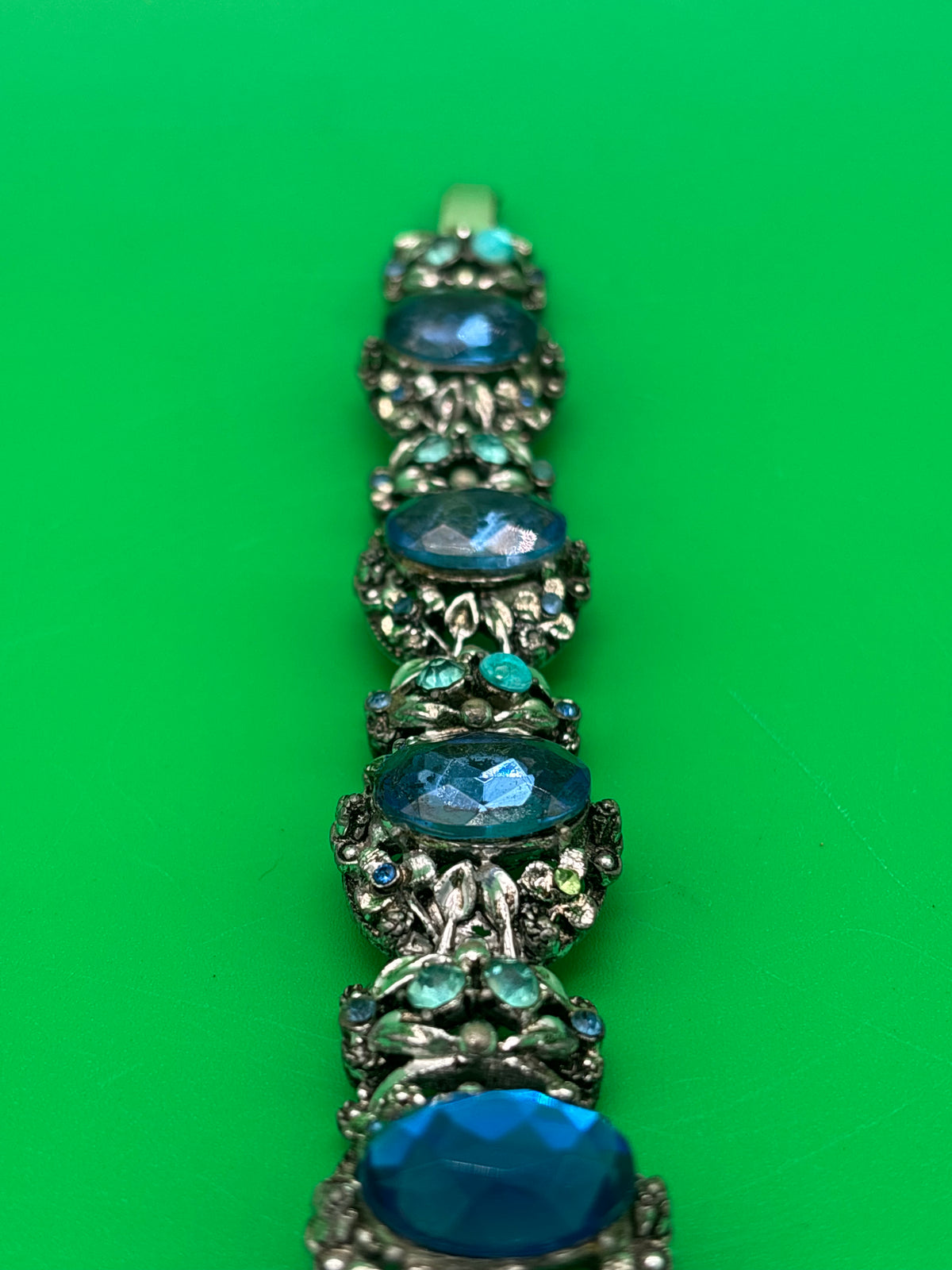 Vintage Unsigned Selro / Selini Style Blue Glass Rhinestone Statement Bracelet