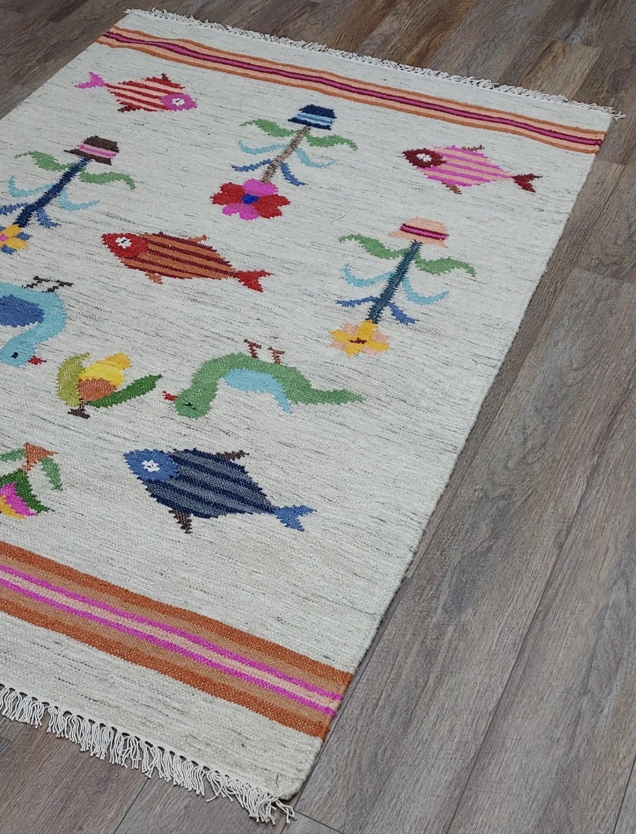 Vintage Turkish Bohemian Rug Tree of Life Fish Design Handmade 4x6 Ft Flatweave Kilim