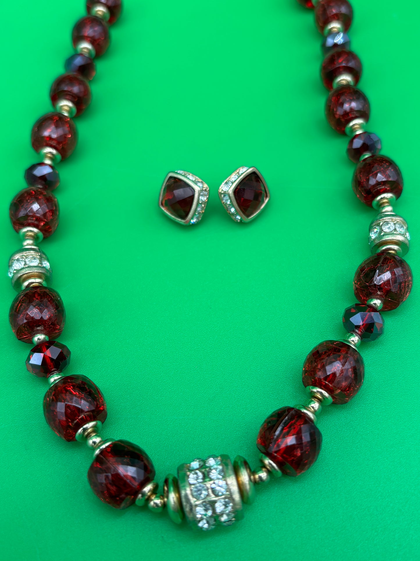 Vintage Signed Napier Deep Red Faceted Bead Necklace & Earring Set