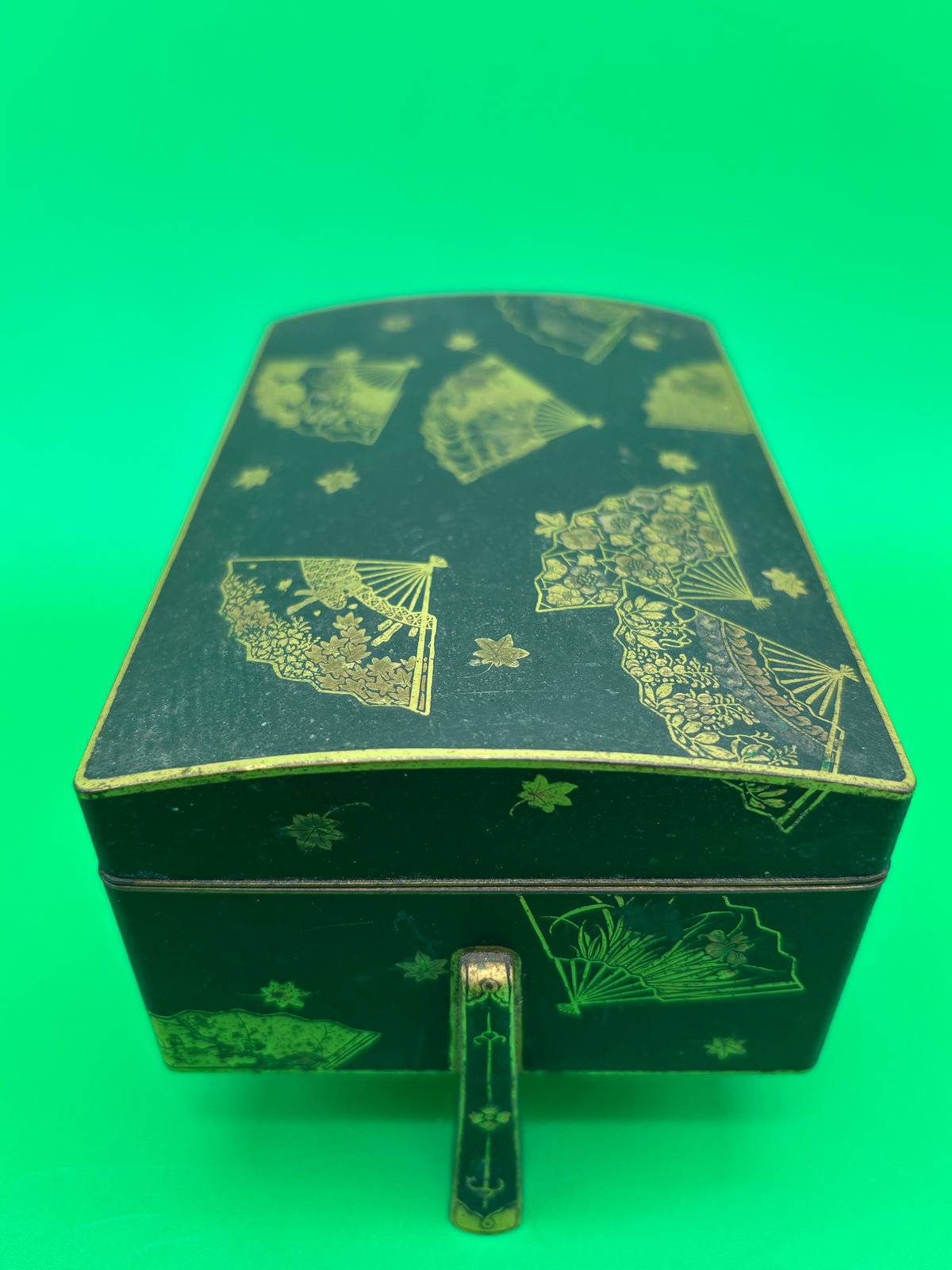 Antique Japanese Fujii Damascene Footed Cigarette Box Mt Fuji Mark Gold Inlay c1930