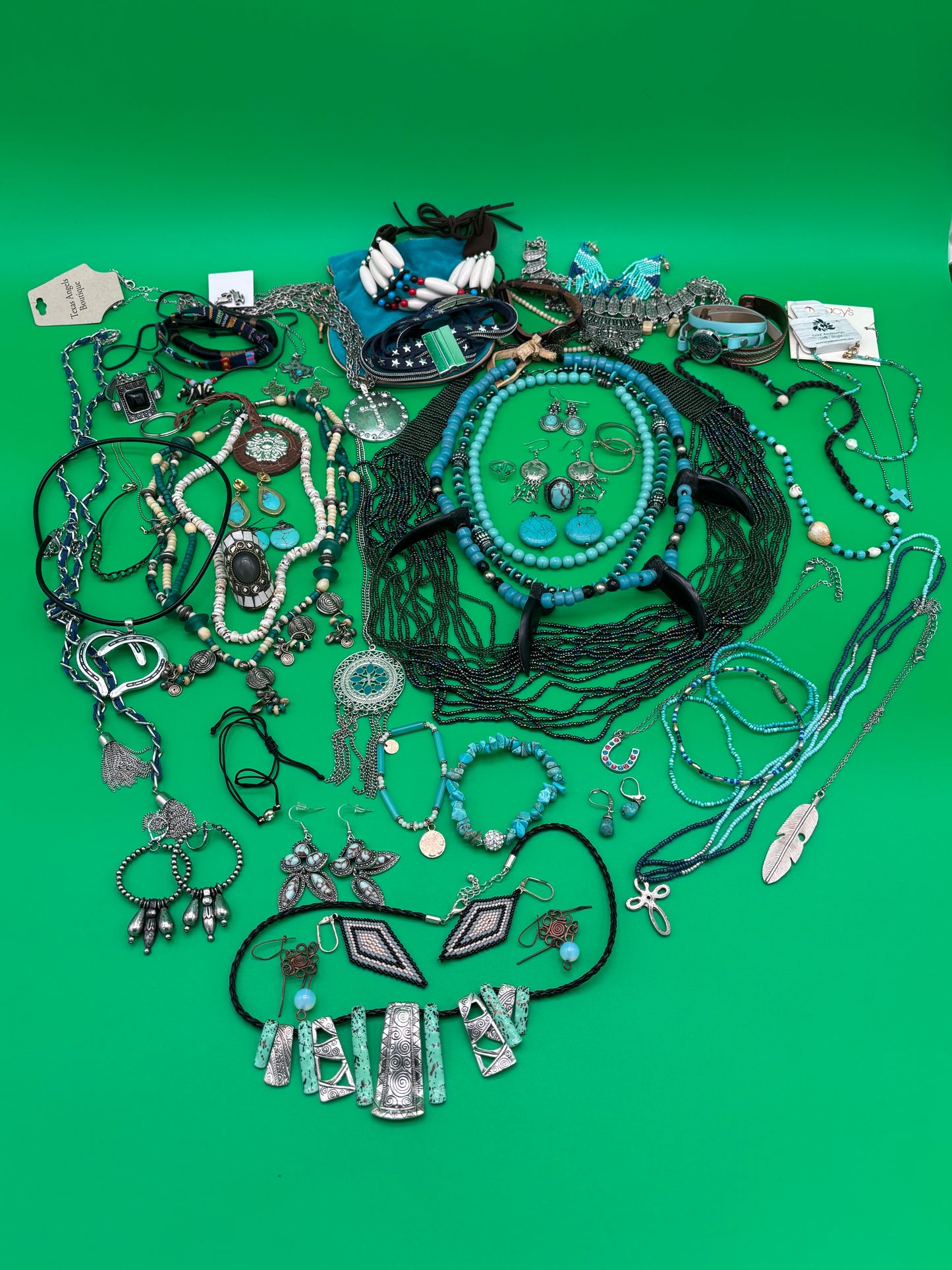 Large Boho Southwestern Jewelry Lot Turquoise Tribal Silver Tone Statement Necklaces Bracelets