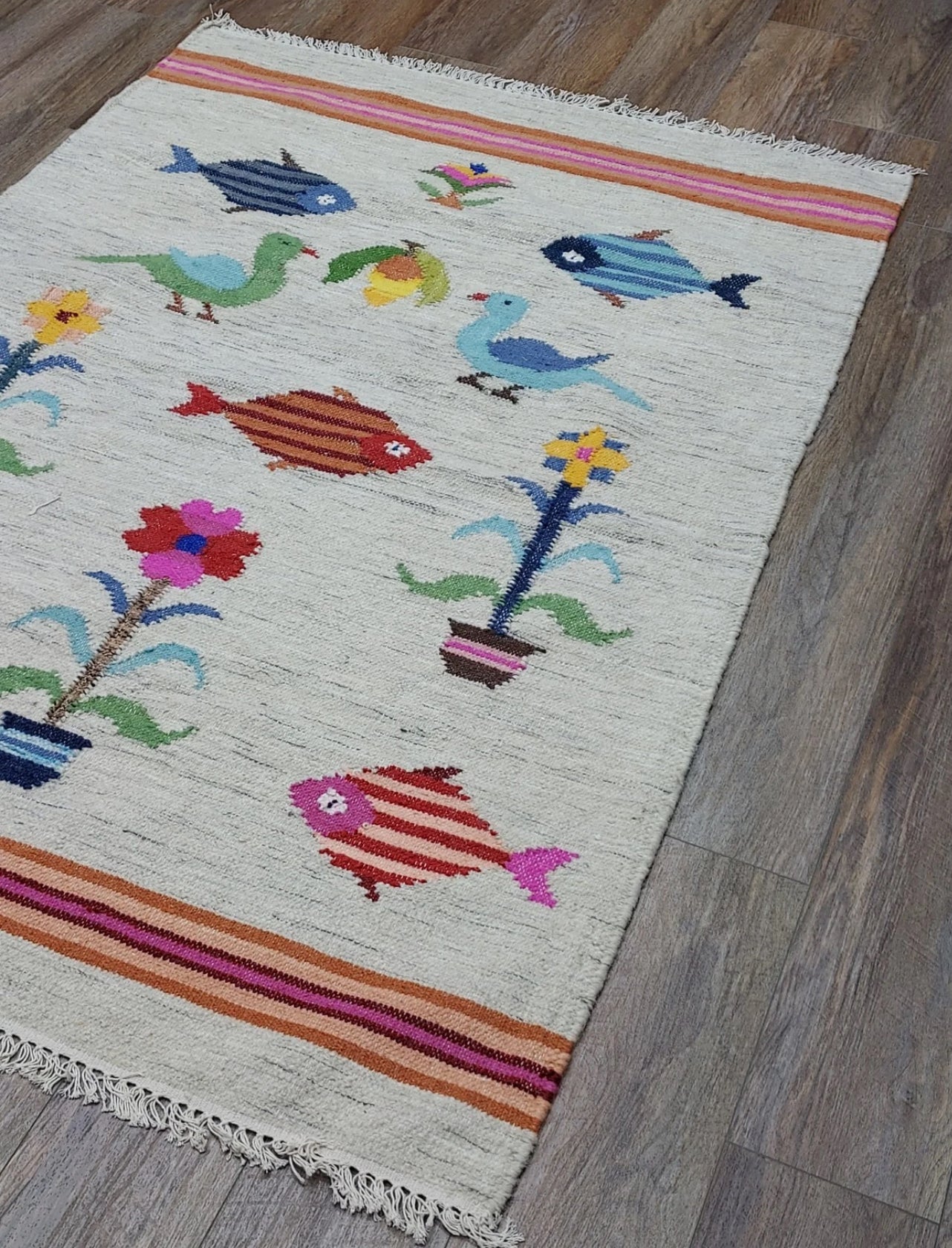 Vintage Turkish Bohemian Rug Tree of Life Fish Design Handmade 4x6 Ft Flatweave Kilim