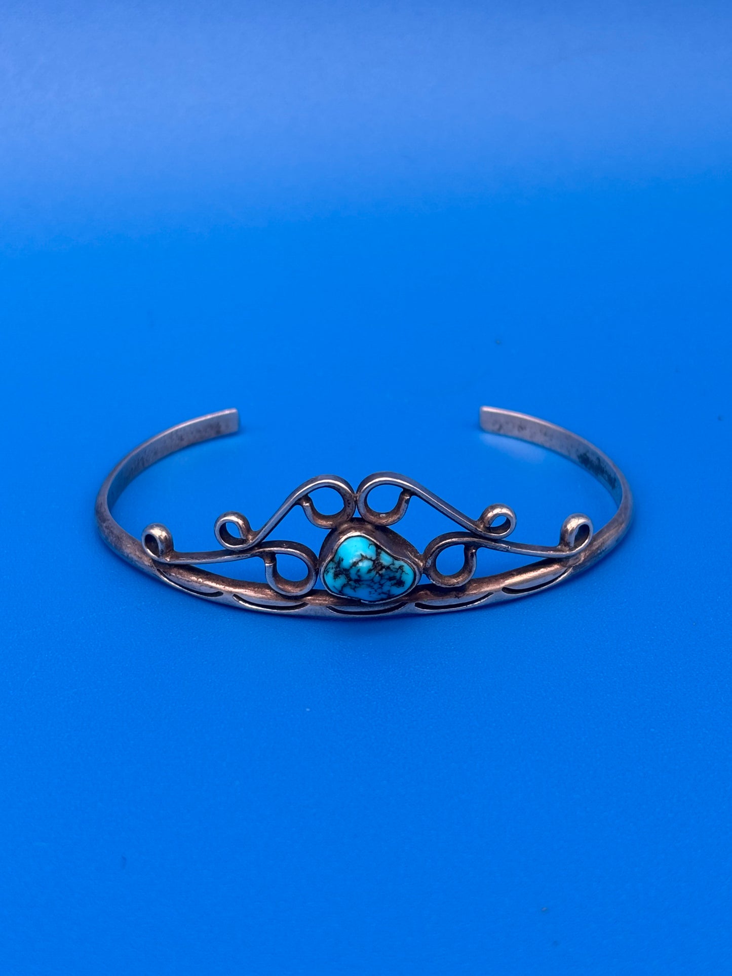Vintage Sterling Silver Turquoise Cuff Bracelet Openwork Southwestern Design
