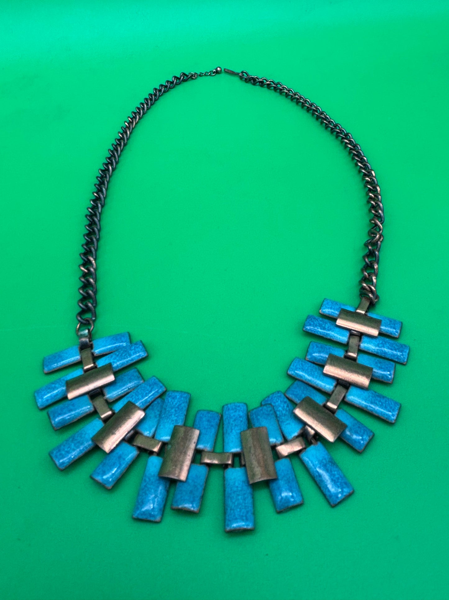 Vintage Estate MCM High End Enameled Copper 23.5” Modernist Statement Necklace Blue, G27504