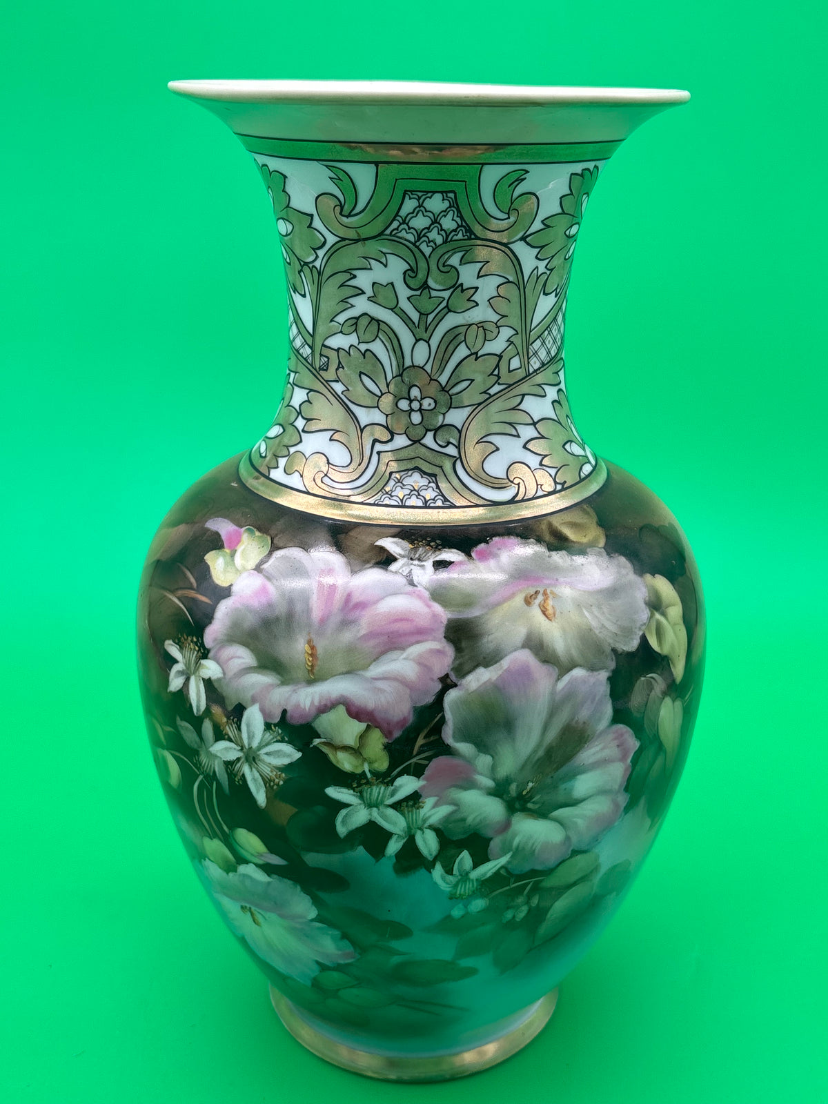 Vintage Noritake Hand Painted Japan 11” Floral Vase Pink Flowers Gold Gilt