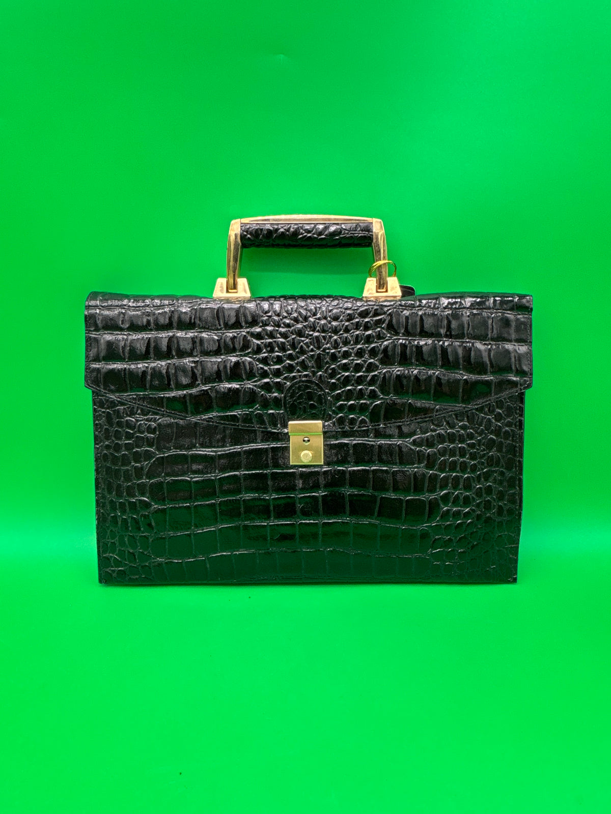 Vintage Vivage Black Croc Embossed Leather Briefcase Satchel Gold Hardware Key
