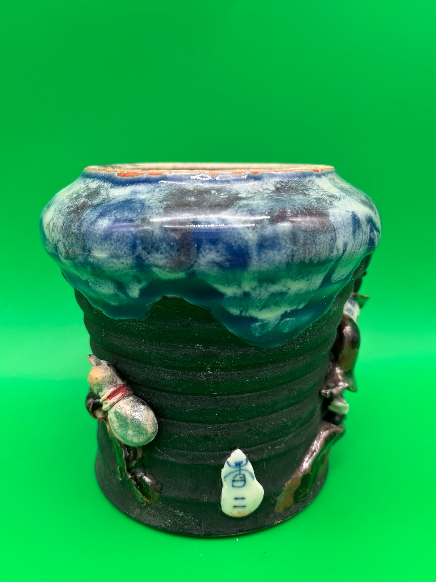 Antique Japanese Sumida Gawa Vase Signed Ban-ni Blue Drip Glaze Figural 5.25”