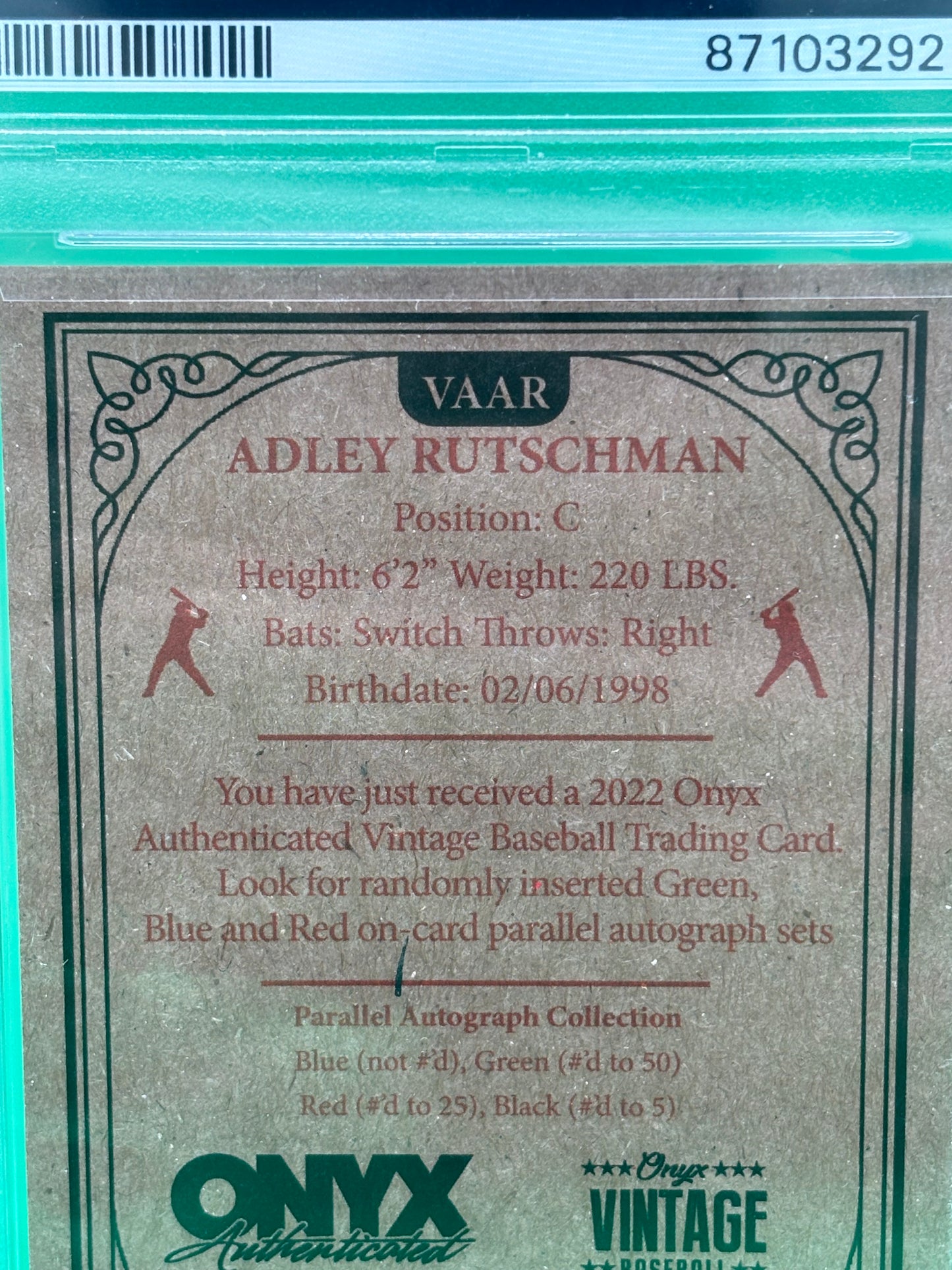 Adley Rutschman 2022 Onyx Vintage Red Ink Auto /25 PSA 9 PSA/DNA Orioles VAAR