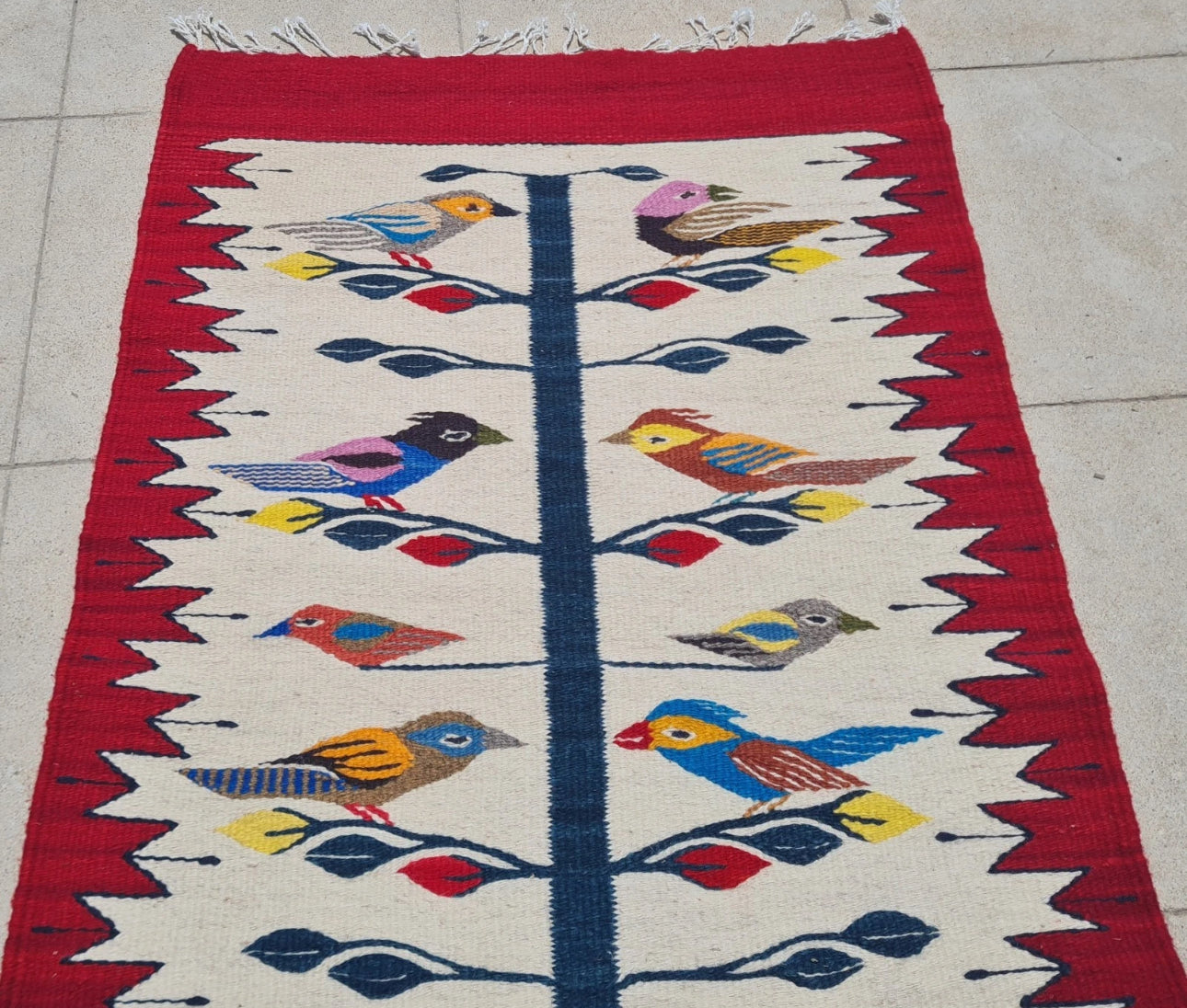 Vintage Hand Knotted Kilim Wool Area Rug Red Bird Tree Design Tribal Folk Art Rug 3.2’ x 1.1’