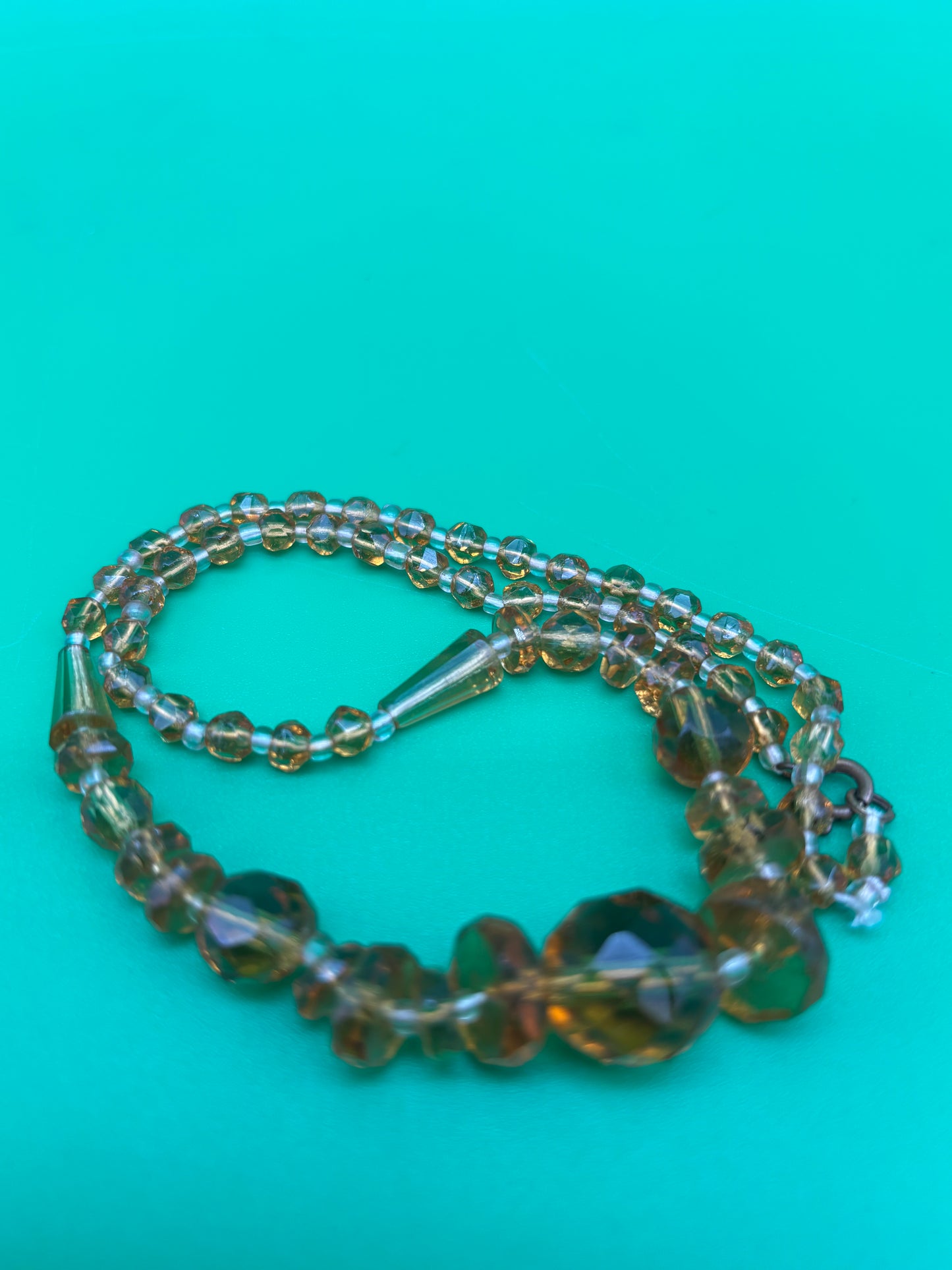 Vintage Amber Topaz Faceted Glass Bead Necklace Graduated Estate Jewelry 16”