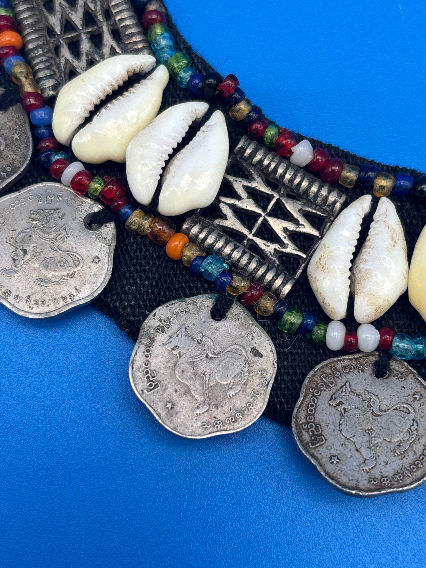 Vintage HUGE Tribal Bib Necklace Cowrie Shells Beads Myanmar Coins Boho Statement
