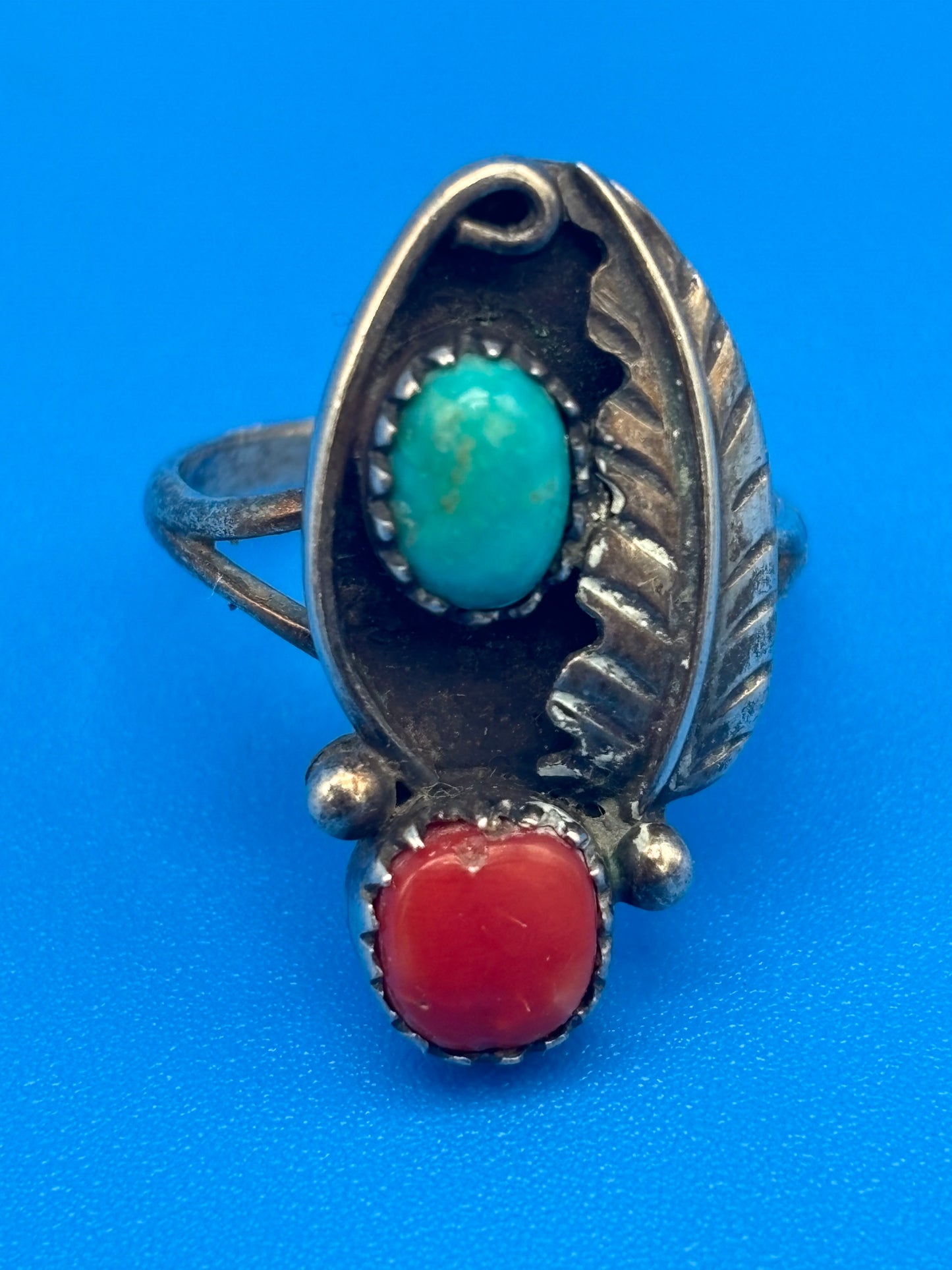 VTG Henry Mariano HM Navajo Sterling Silver Turquoise Coral Ring Size 8