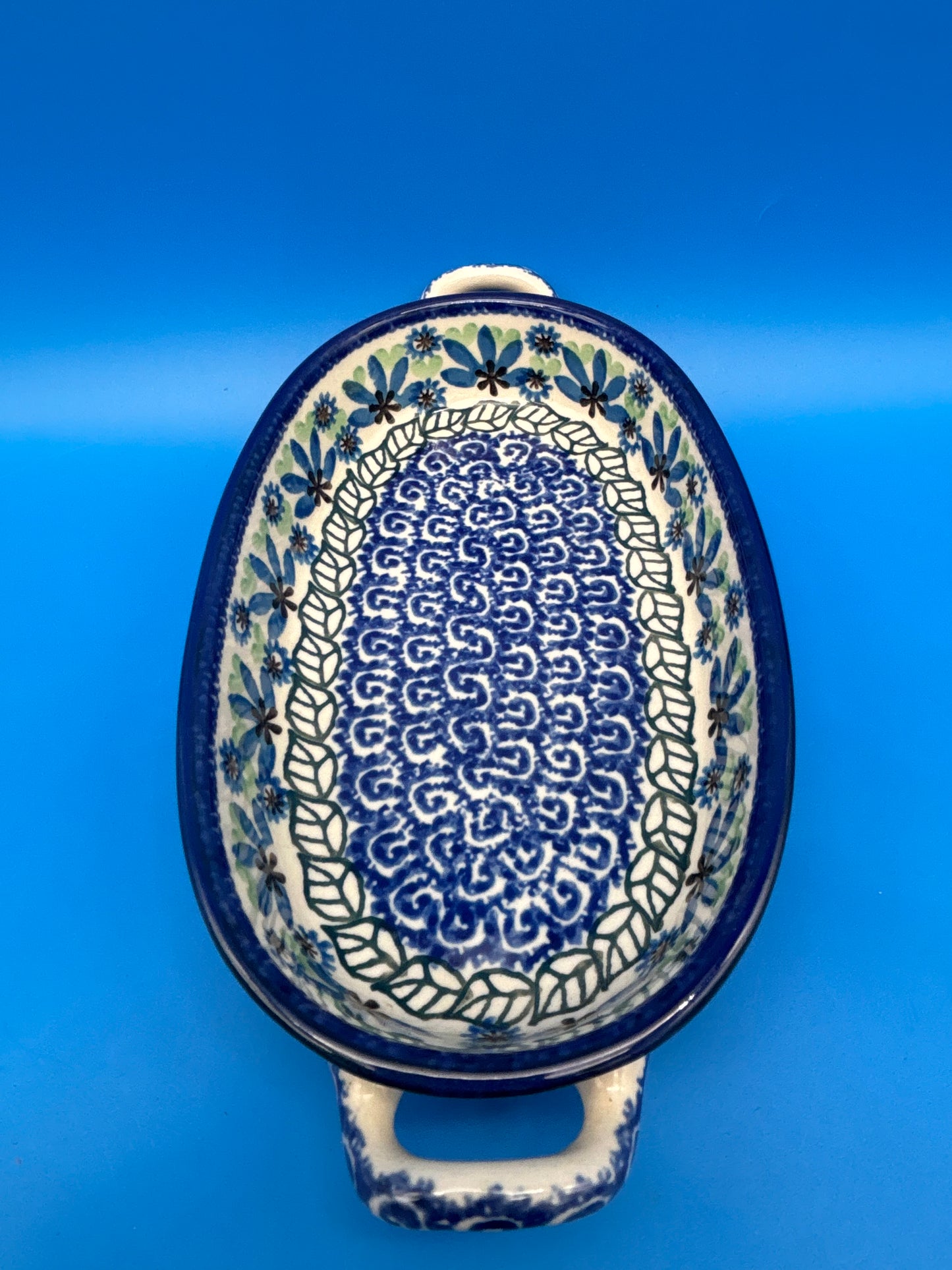 Boleslawiec Polish Pottery Oval Baker Dish Blue Green Floral #192 Poland 9”