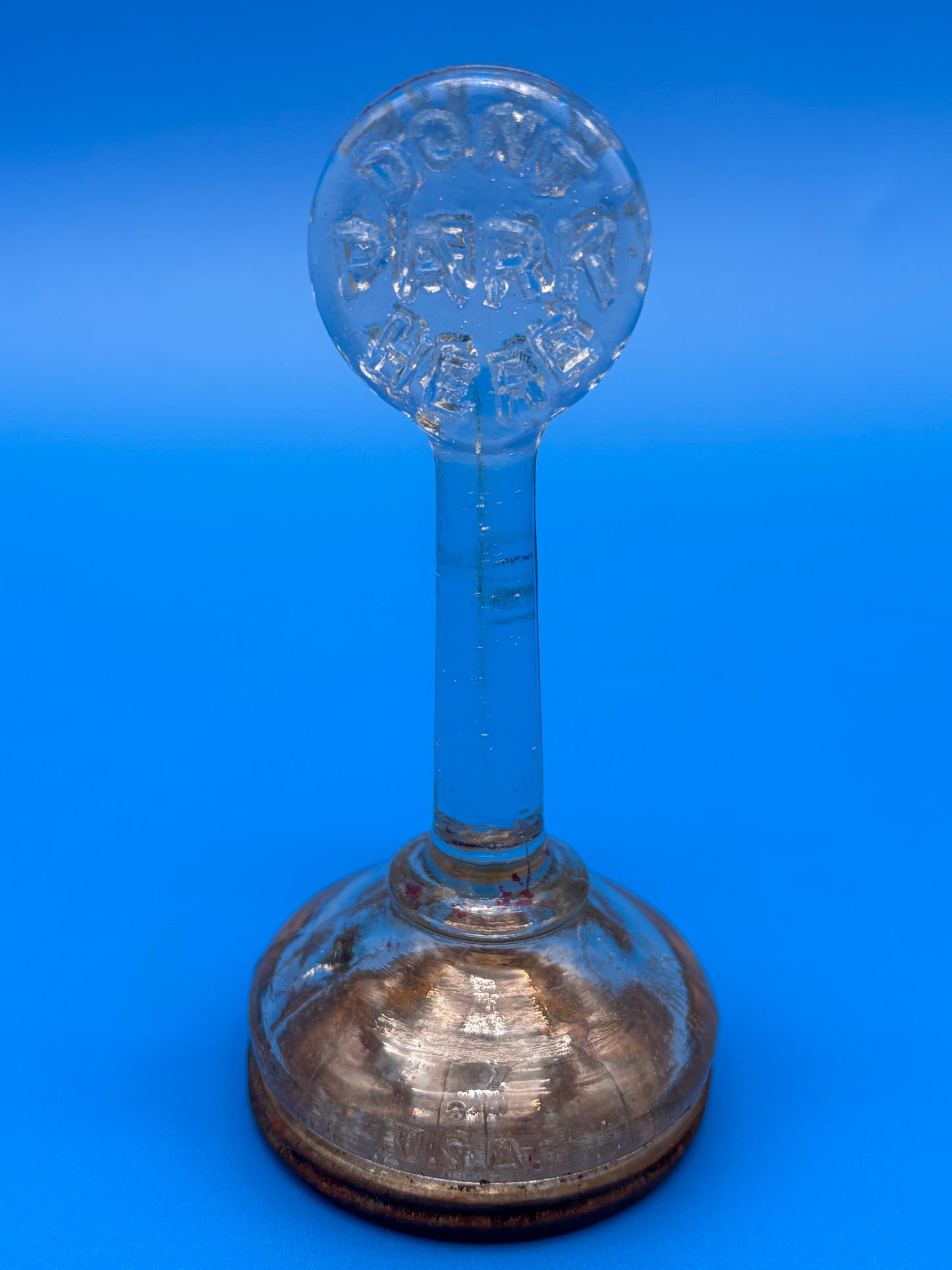 Antique 1920s DON’T PARK HERE Glass Candy Jar Container Metal Lid USA Novelty Advertising