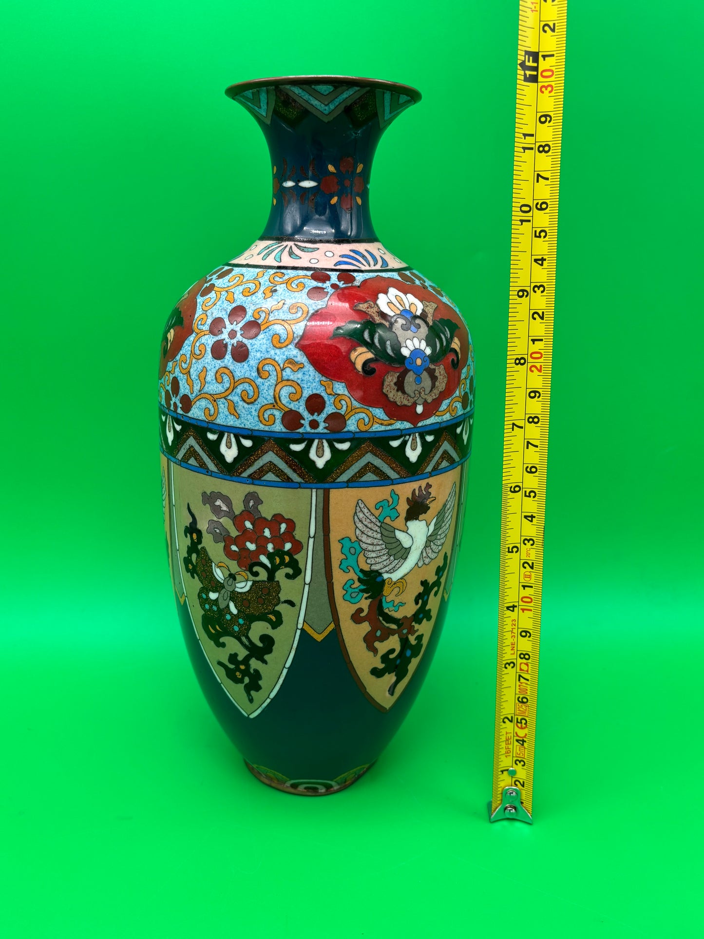 Large Antique Meiji Japanese Cloisonne Dragon Ho-o Phoenix Shield Vase 11.75”