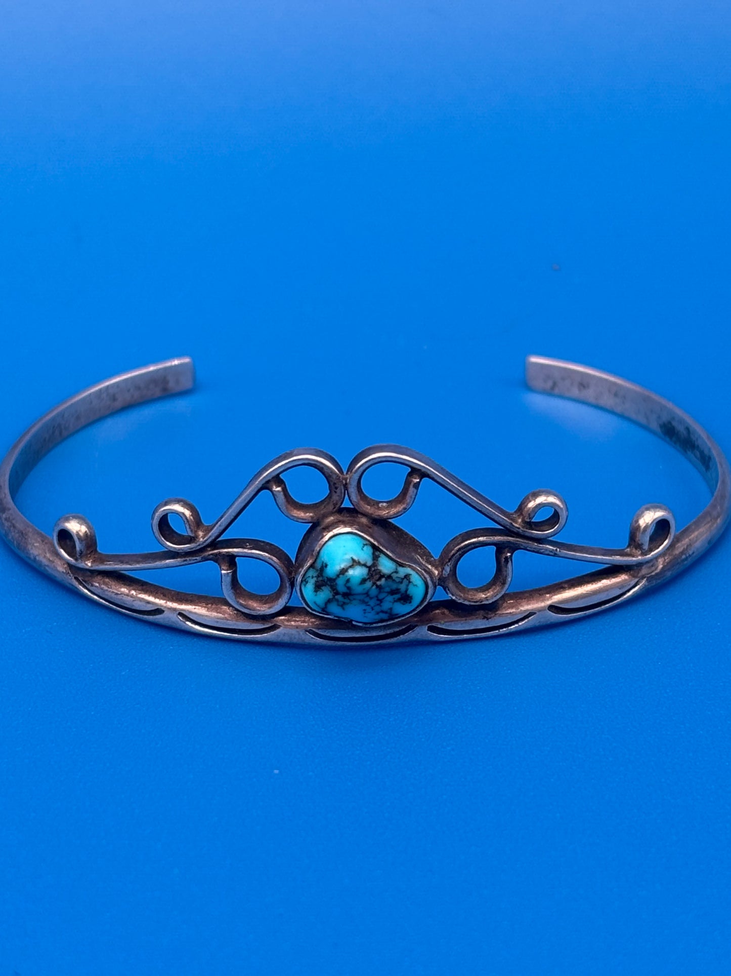 Vintage Sterling Silver Turquoise Cuff Bracelet Openwork Southwestern Design